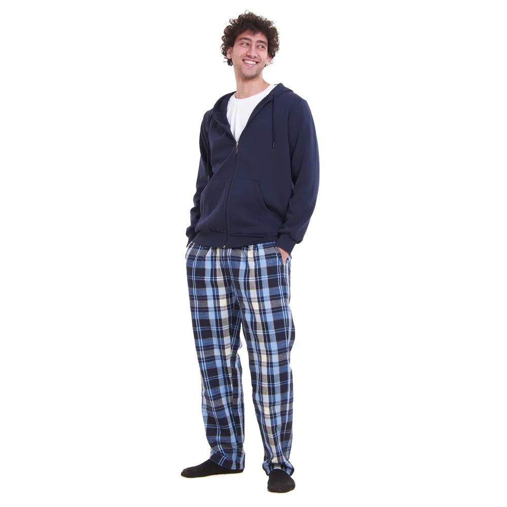 Men Winter Pajama 3 PCS Set Dark Blue Sweatshirt  Off-white T-shirt  Light Blue x Dark Blue Checkered Pants