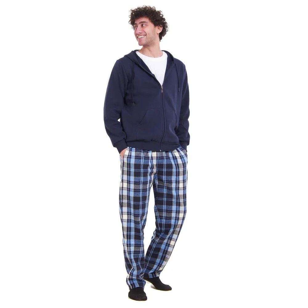 Men Winter Pajama 3 PCS Set Dark Blue Sweatshirt  Off-white T-shirt  Light Blue x Dark Blue Checkered Pants