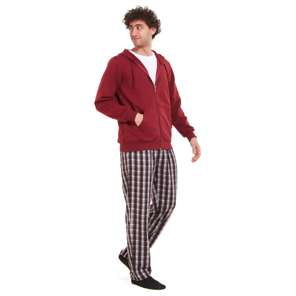 Men Winter Pajama 3 PCS Set Dark Red Sweatshirt  Off-white t-shirt   Dark Red x Black Checkered Pants