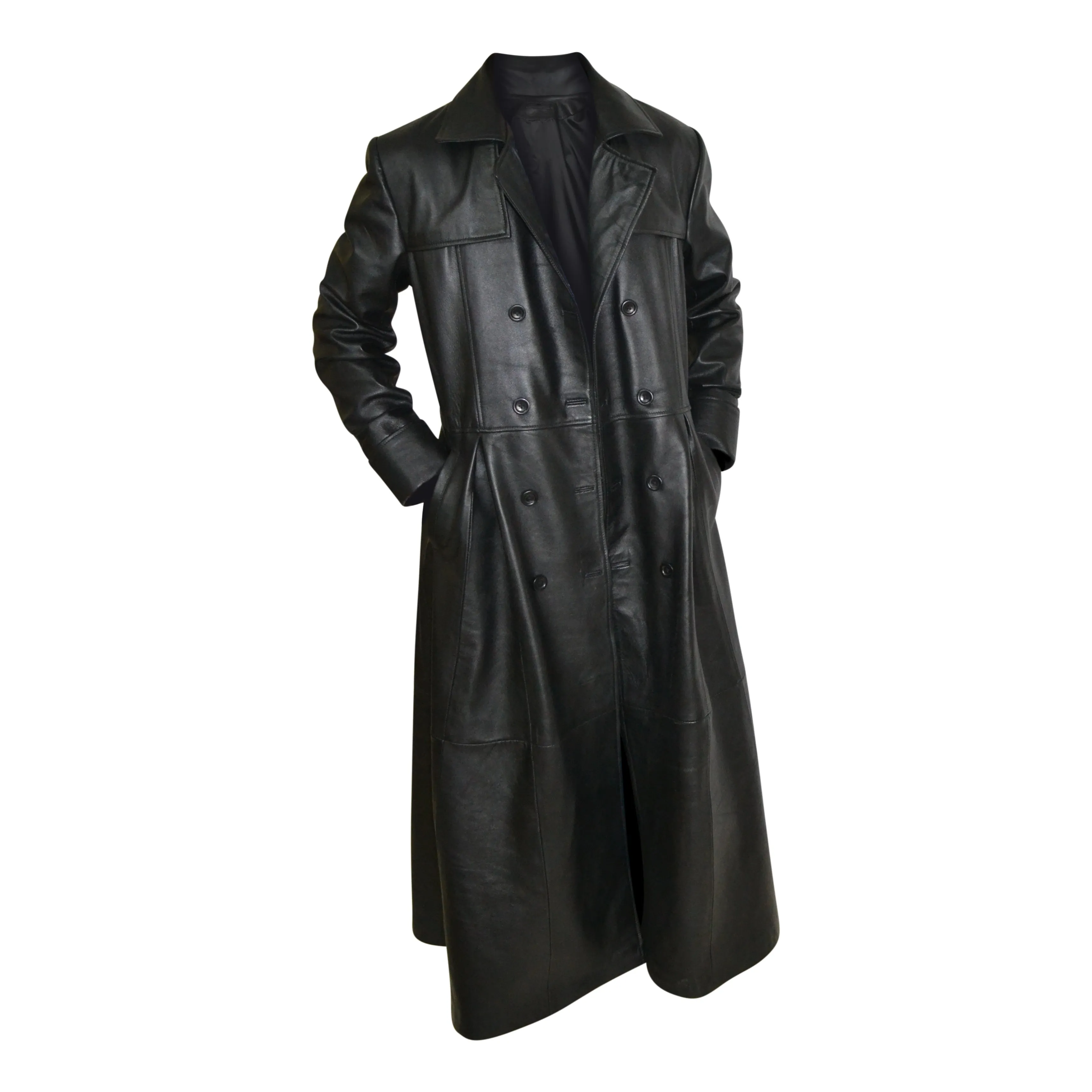 Mens Black Slim Fit Genuine Leather Double Breasted Gothic Trench Long Coat