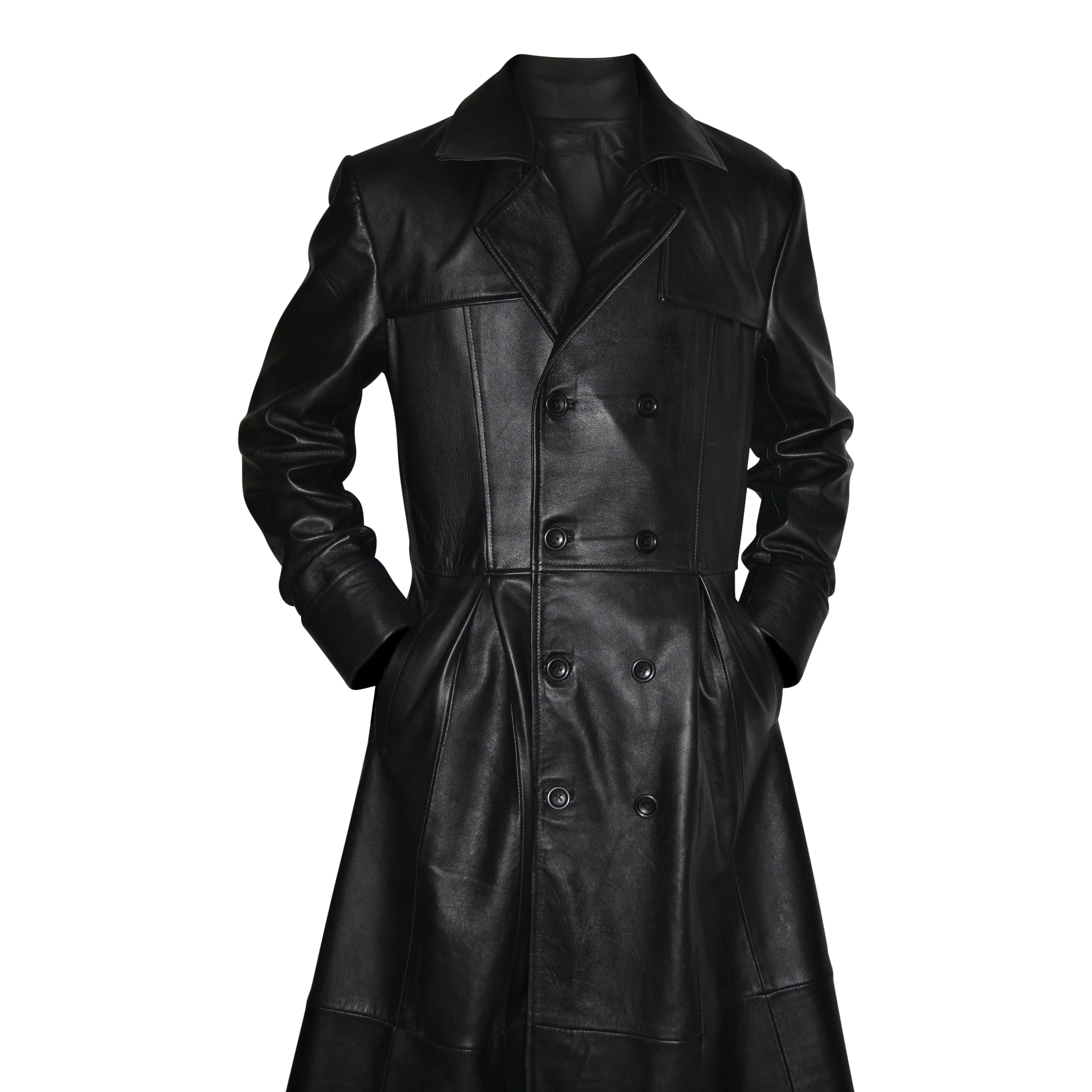 Mens Black Slim Fit Genuine Leather Double Breasted Gothic Trench Long Coat