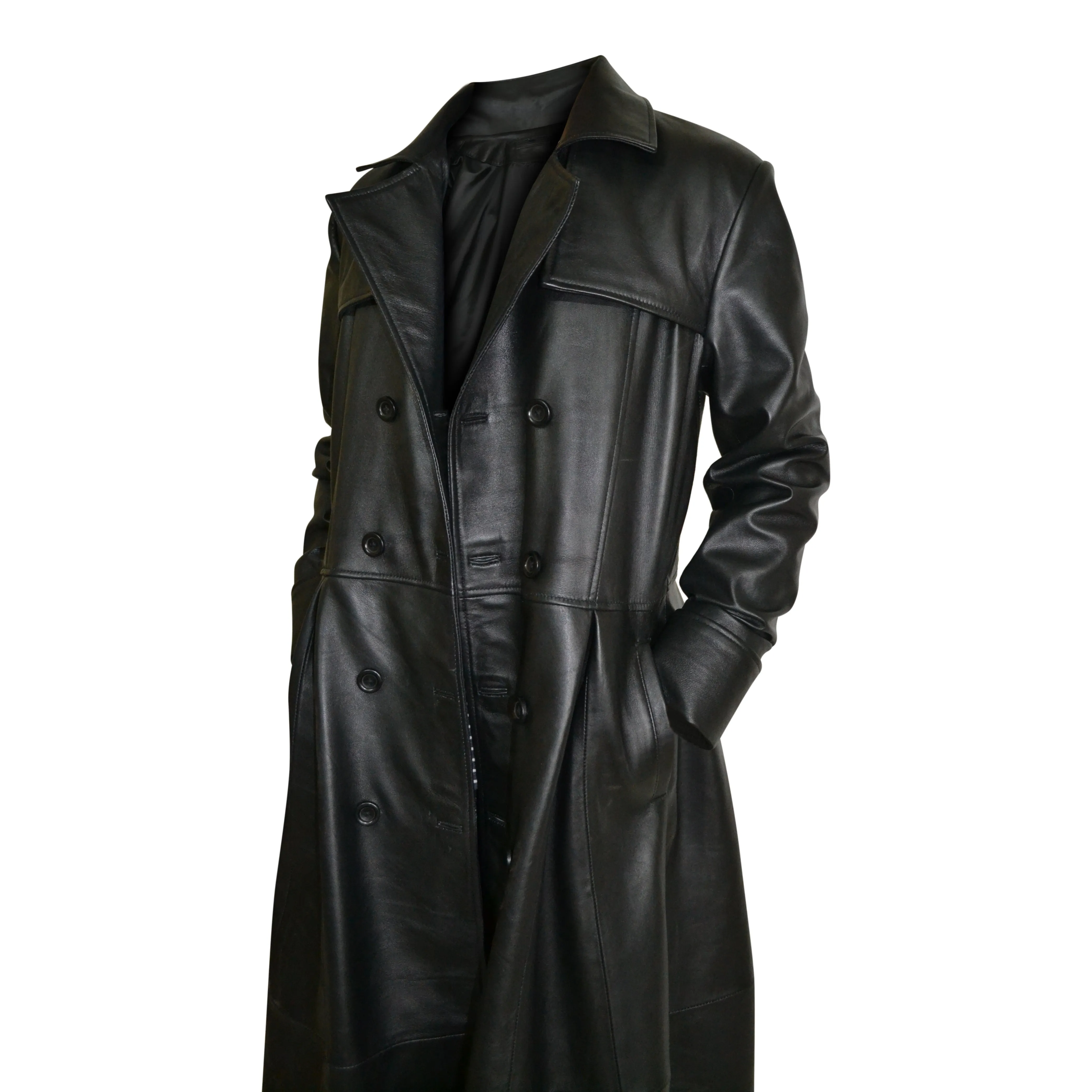 Mens Black Slim Fit Genuine Leather Double Breasted Gothic Trench Long Coat