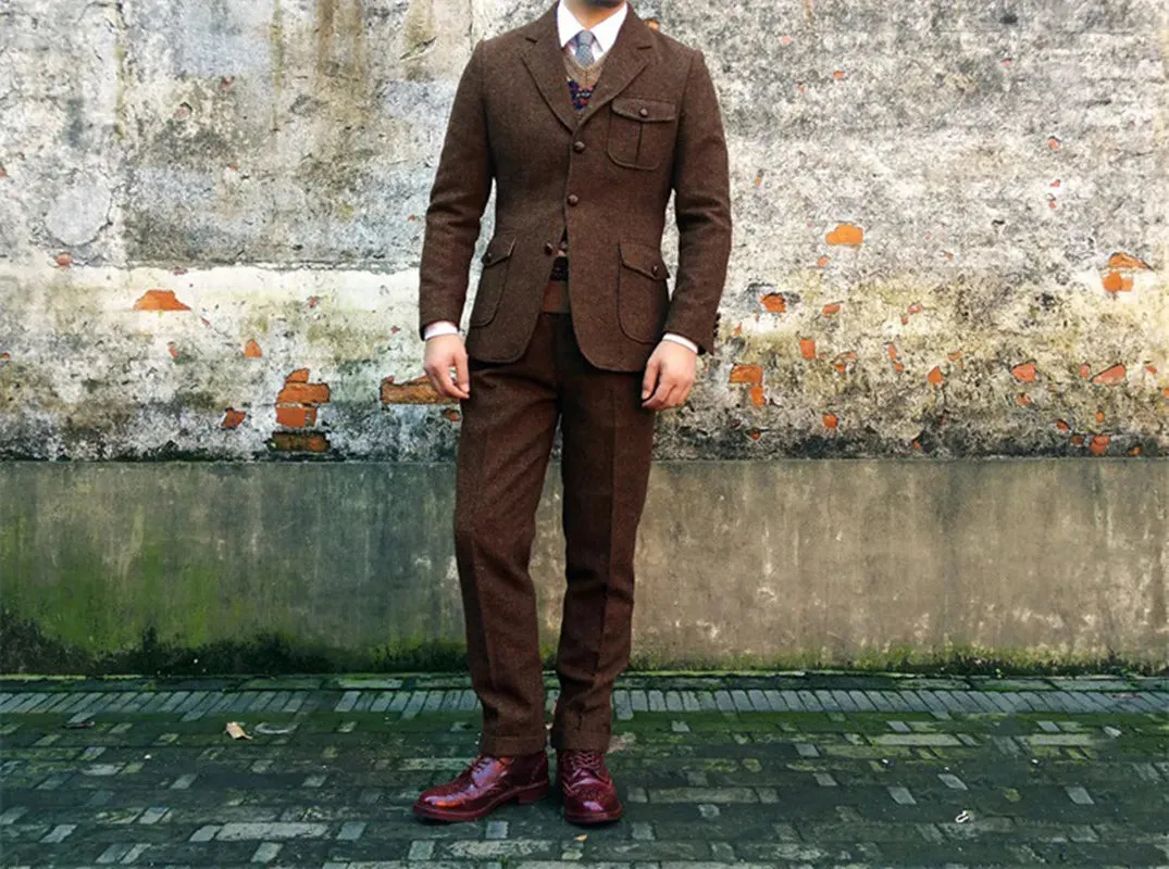 Men's Brown Tweed Straight High Waist Pants - Classic Designer Amekaji Trousers