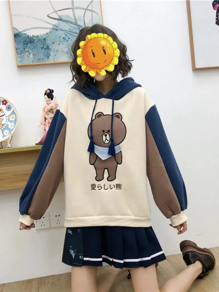 Merry Pretty Women Harajuku Cartoon Bear Embroidery Hooded Sweatshirts Winter Plus Velvet Cute Hoodies Sweatshirt Tracksuit