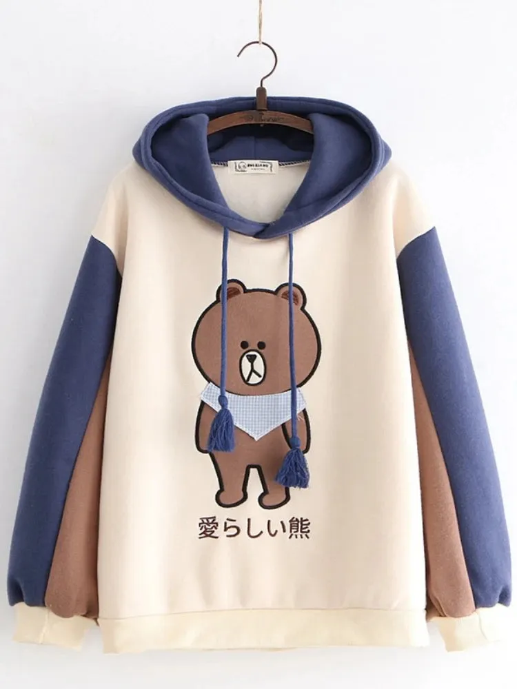 Merry Pretty Women Harajuku Cartoon Bear Embroidery Hooded Sweatshirts Winter Plus Velvet Cute Hoodies Sweatshirt Tracksuit