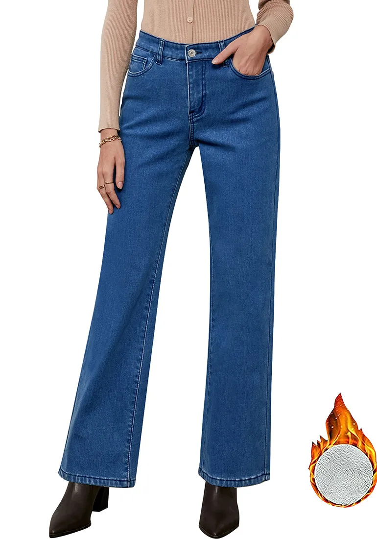 Monaco Blue Women's Baggy Denim High Waisted Straight Leg Fleece Lined Winter Pants