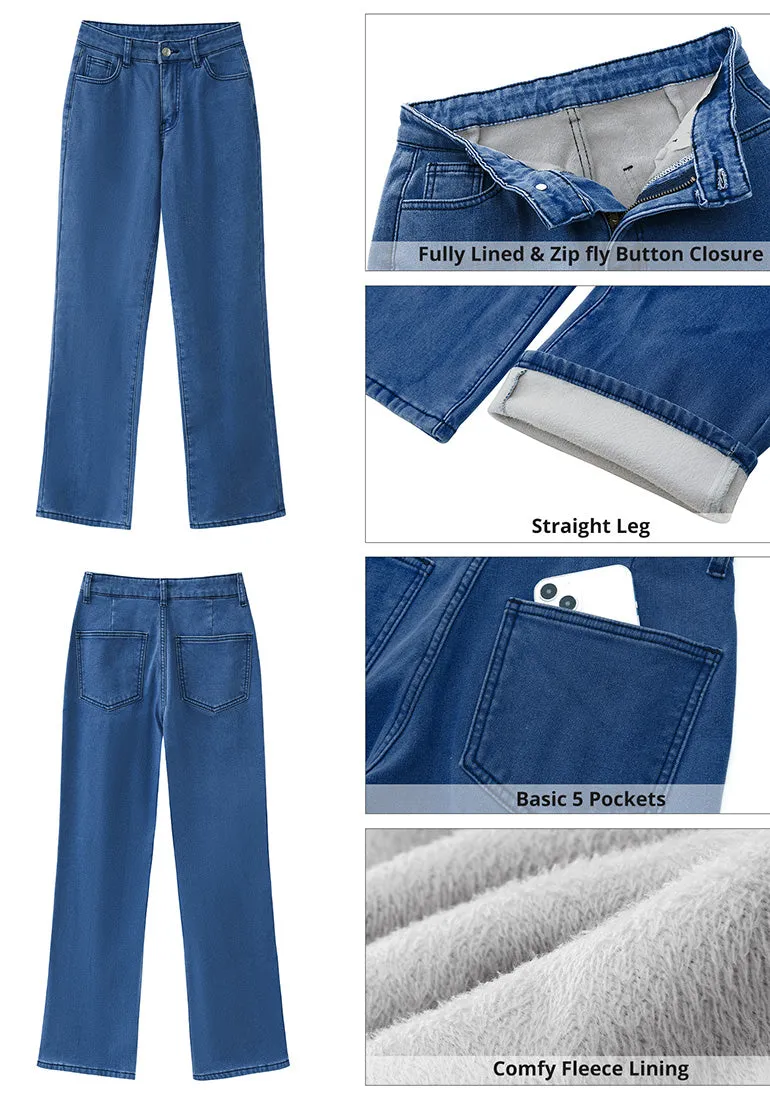 Monaco Blue Women's Baggy Denim High Waisted Straight Leg Fleece Lined Winter Pants