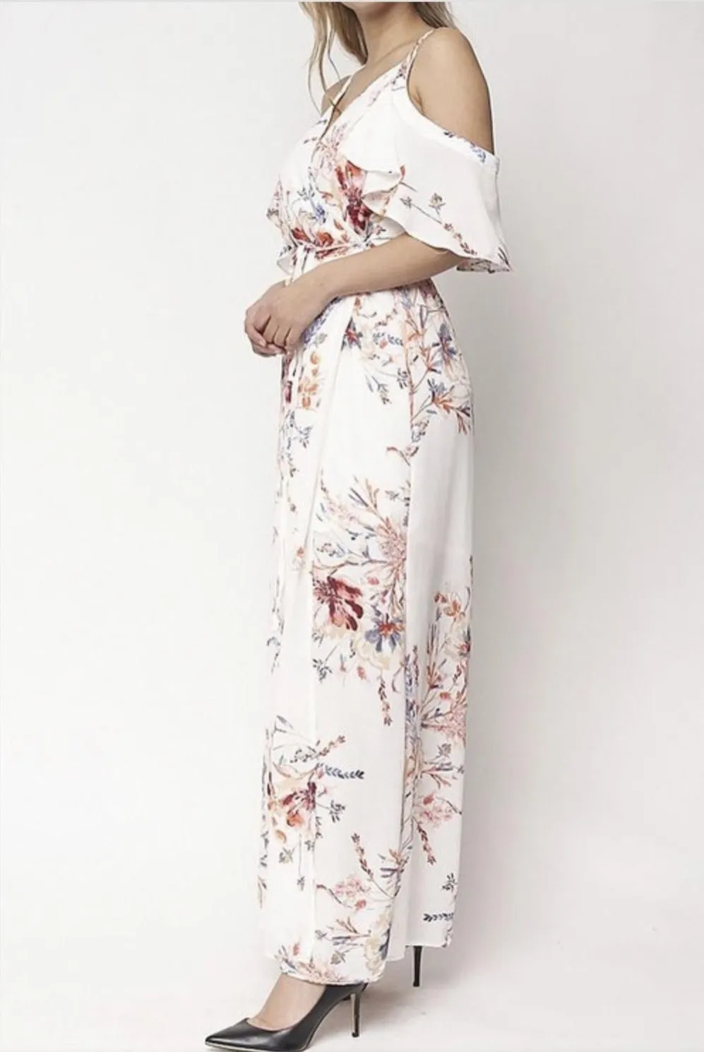 MORNING BLOOM COLD SHOULDER WRAP MAXI DRESS