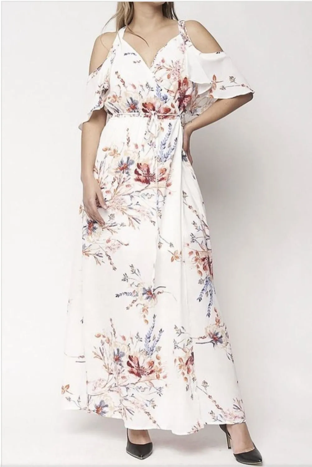 MORNING BLOOM COLD SHOULDER WRAP MAXI DRESS