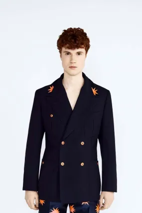 Navy Double-Breasted Norfolk Blazer with Pink Star Collar