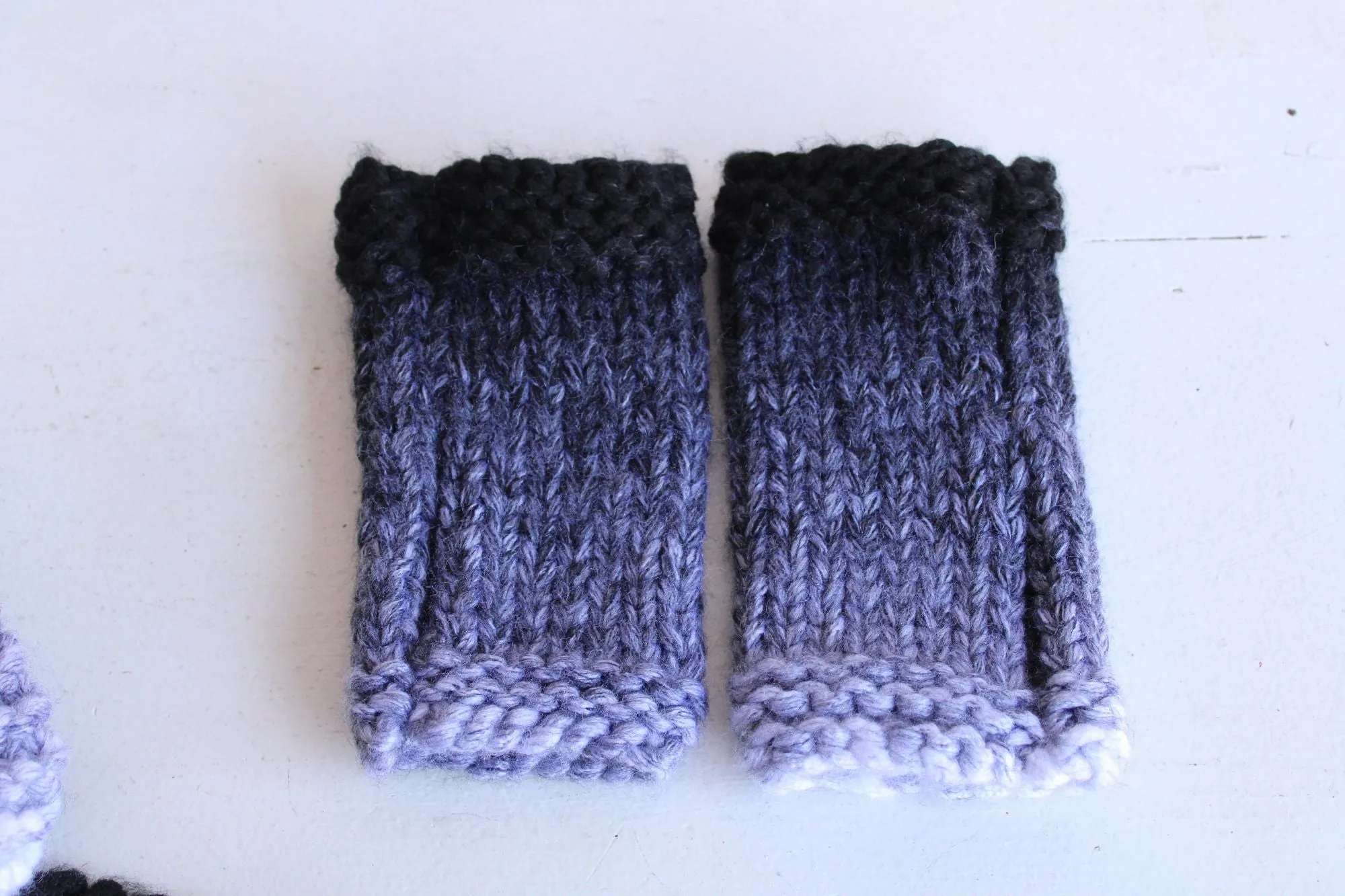 "Winter Ash" Hand Knit Fingerless Gloves, Armwarmers in Ombre Black, Gray and White