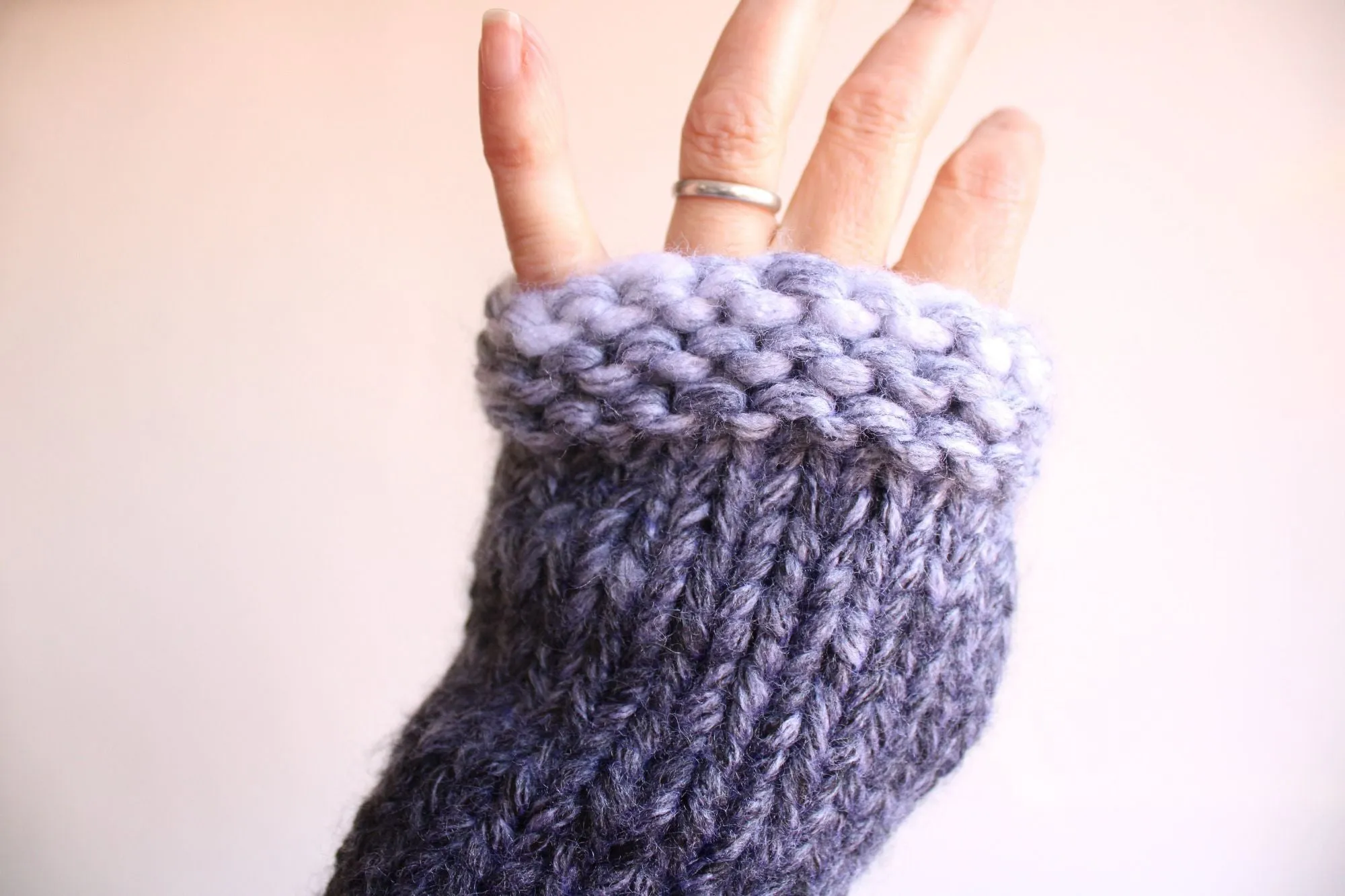 "Winter Ash" Hand Knit Fingerless Gloves, Armwarmers in Ombre Black, Gray and White