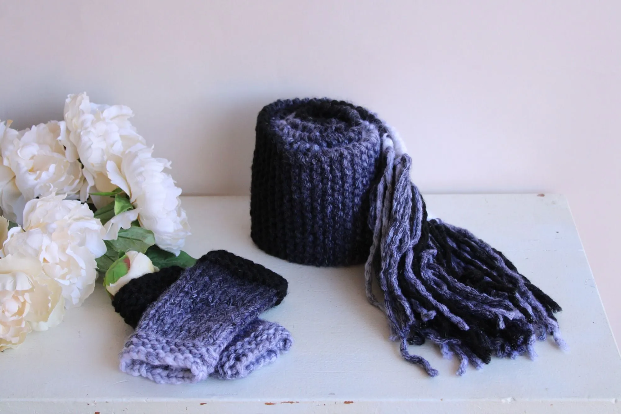 "Winter Ash" Hand Knit Fingerless Gloves, Armwarmers in Ombre Black, Gray and White