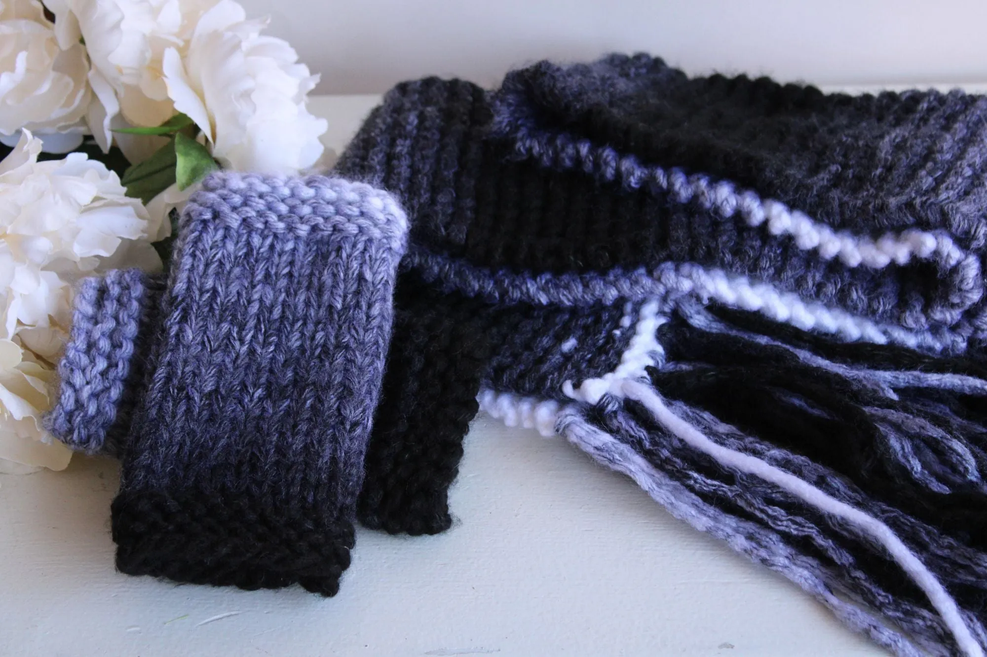 "Winter Ash" Hand Knit Fingerless Gloves, Armwarmers in Ombre Black, Gray and White