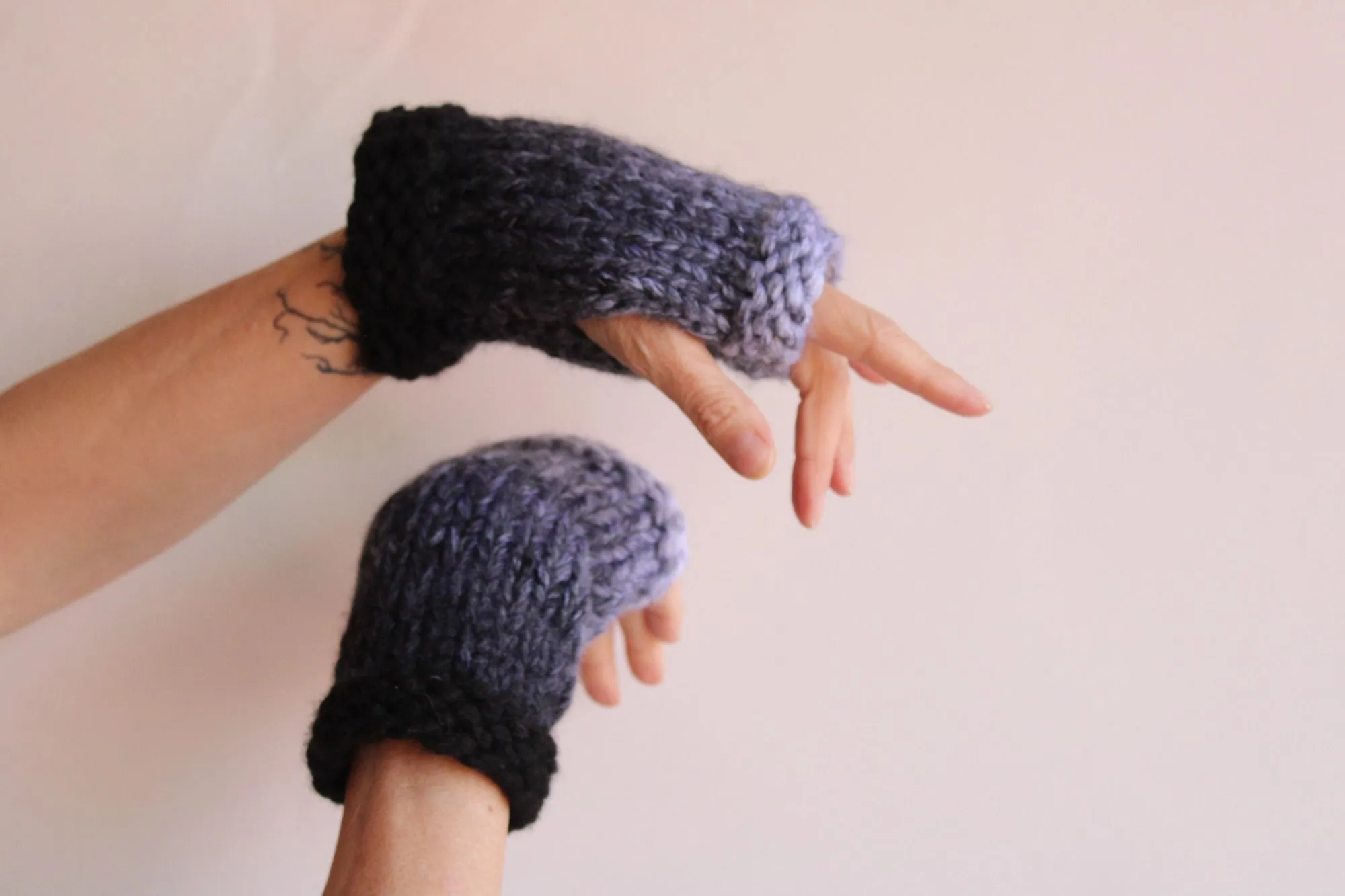 "Winter Ash" Hand Knit Fingerless Gloves, Armwarmers in Ombre Black, Gray and White