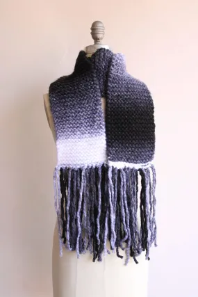 "Winter Ash" Hand Knit Scarf with Fringe in Ombre Black, Gray and White