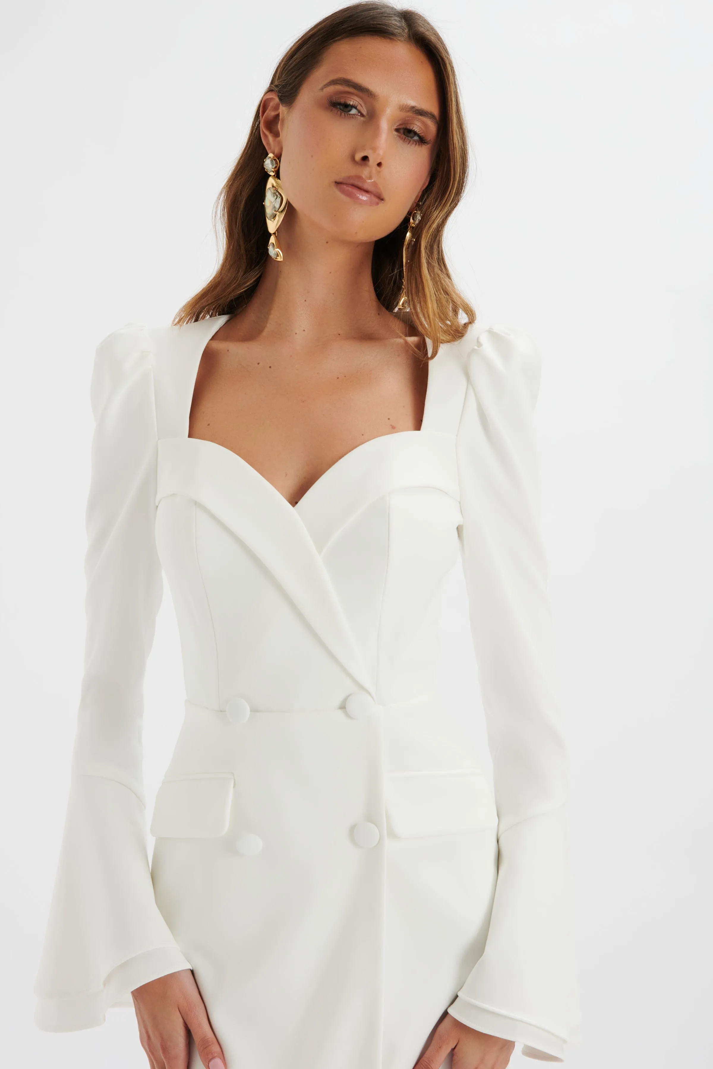 REBECCAH Flared Sleeve Blazer Mini Dress In White