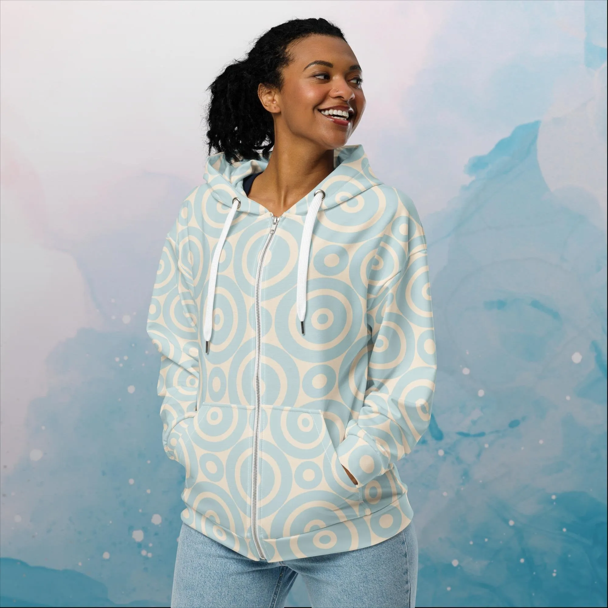 Robins Egg Blue Printed Target Circles Unisex Zip Hoodie