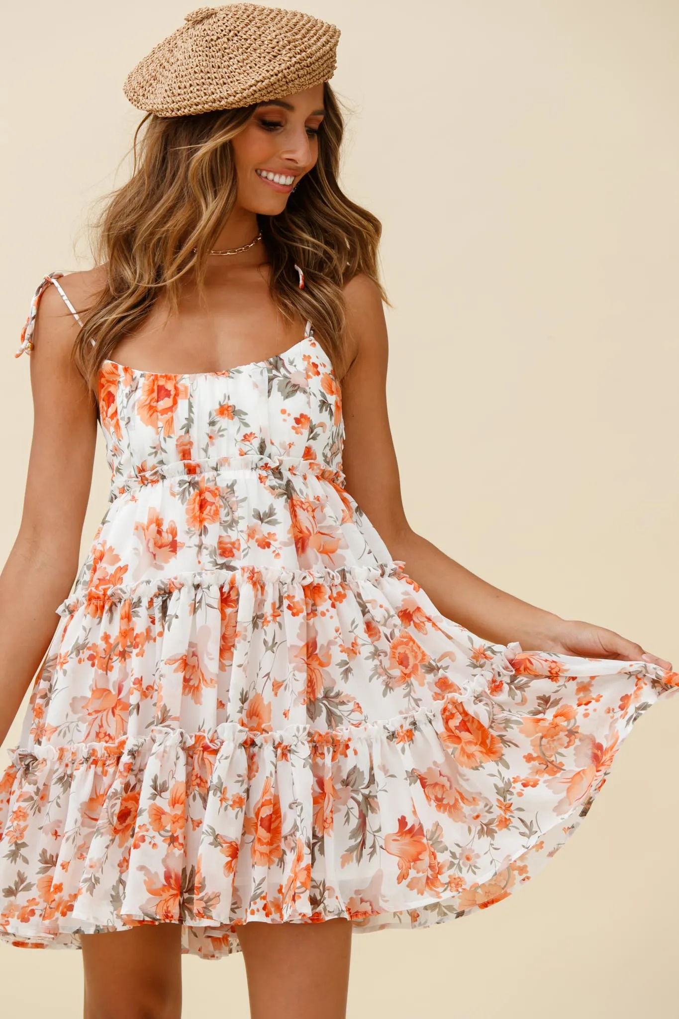 Rumi String Tie Babydoll Dress Floral Print Orange