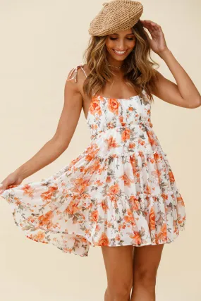 Rumi String Tie Babydoll Dress Floral Print Orange