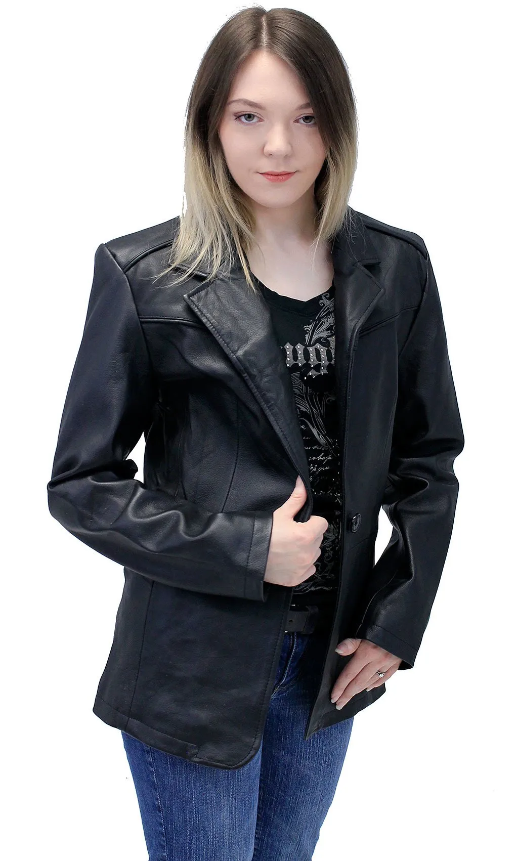 Single Button Black Premium Leather Blazer for Women #L1401510K