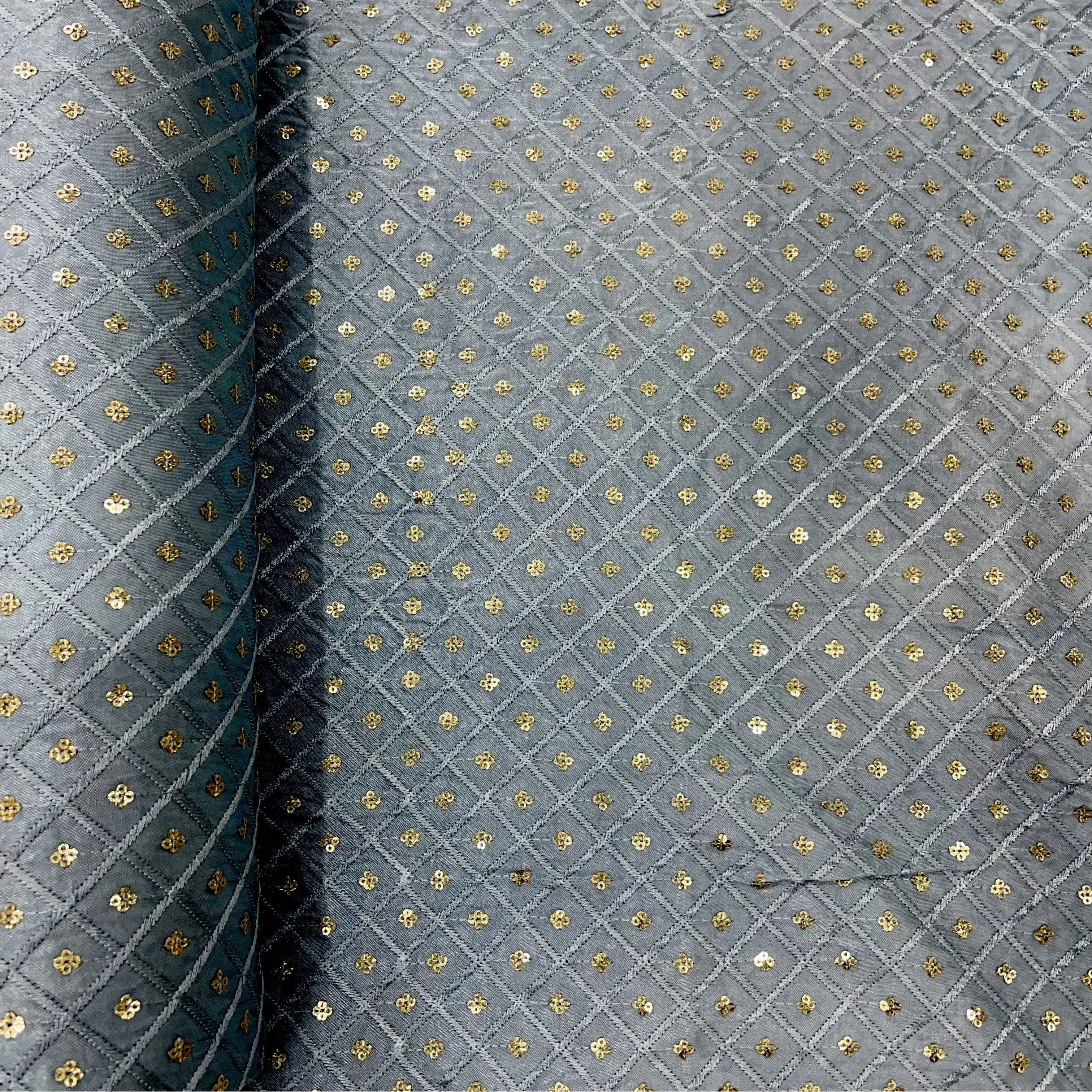 Sky Blue Geometrical Embroidery Sequins Satin Silk Fabric