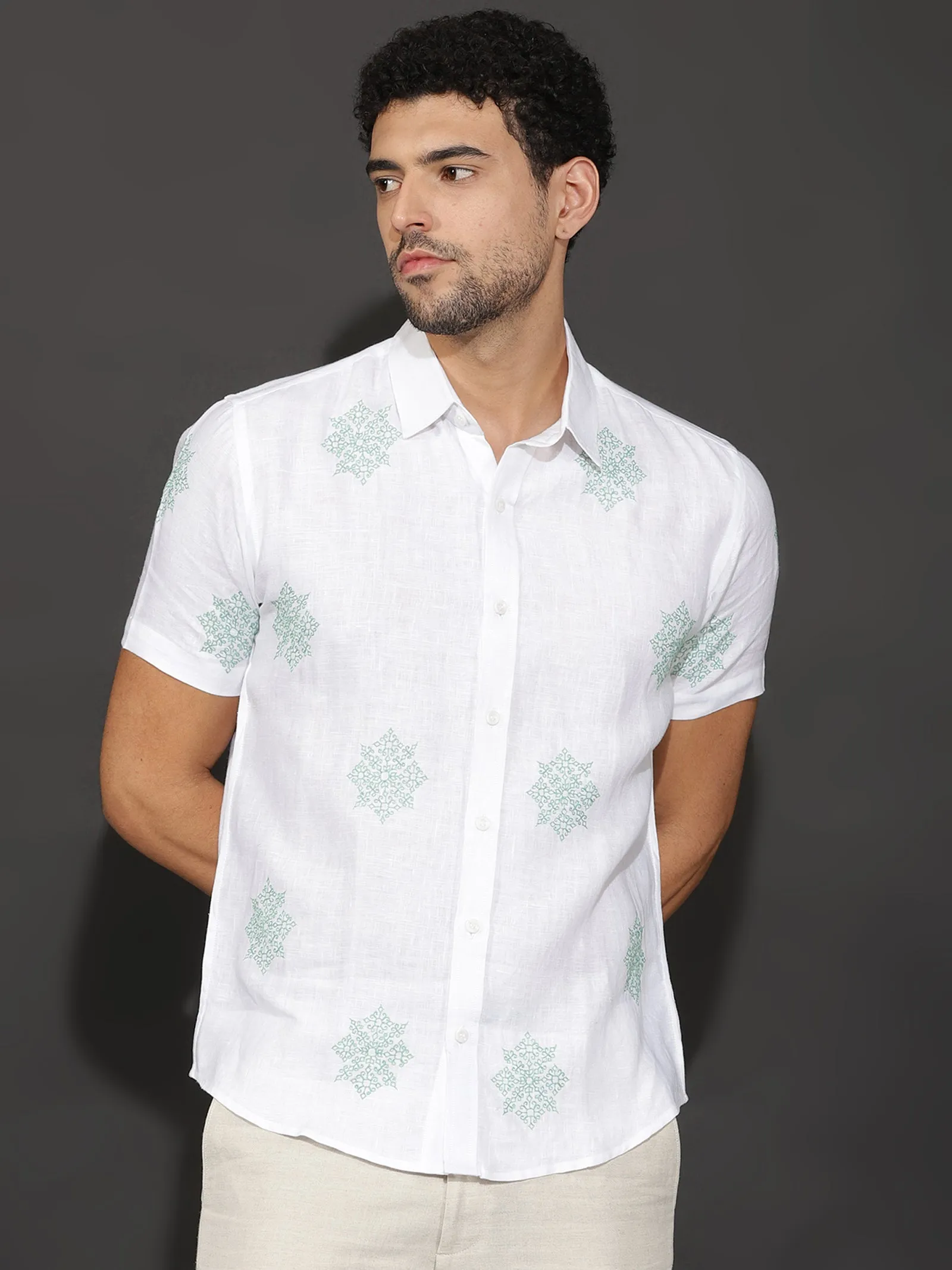 Sloan - Pure Linen Embroidered Half Sleeve Shirt - Green