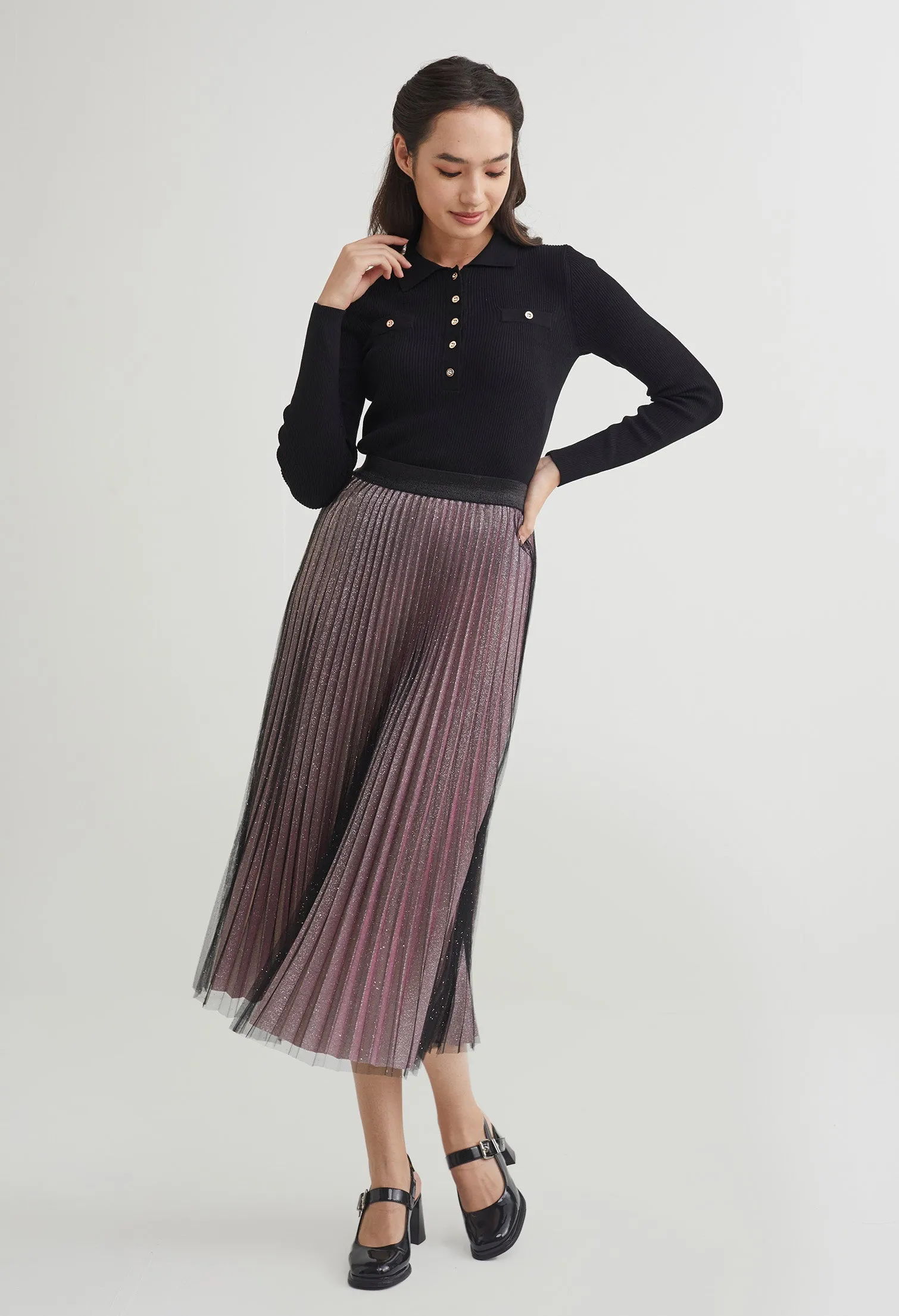 Starlight Glitter Pleated Midi Skirt