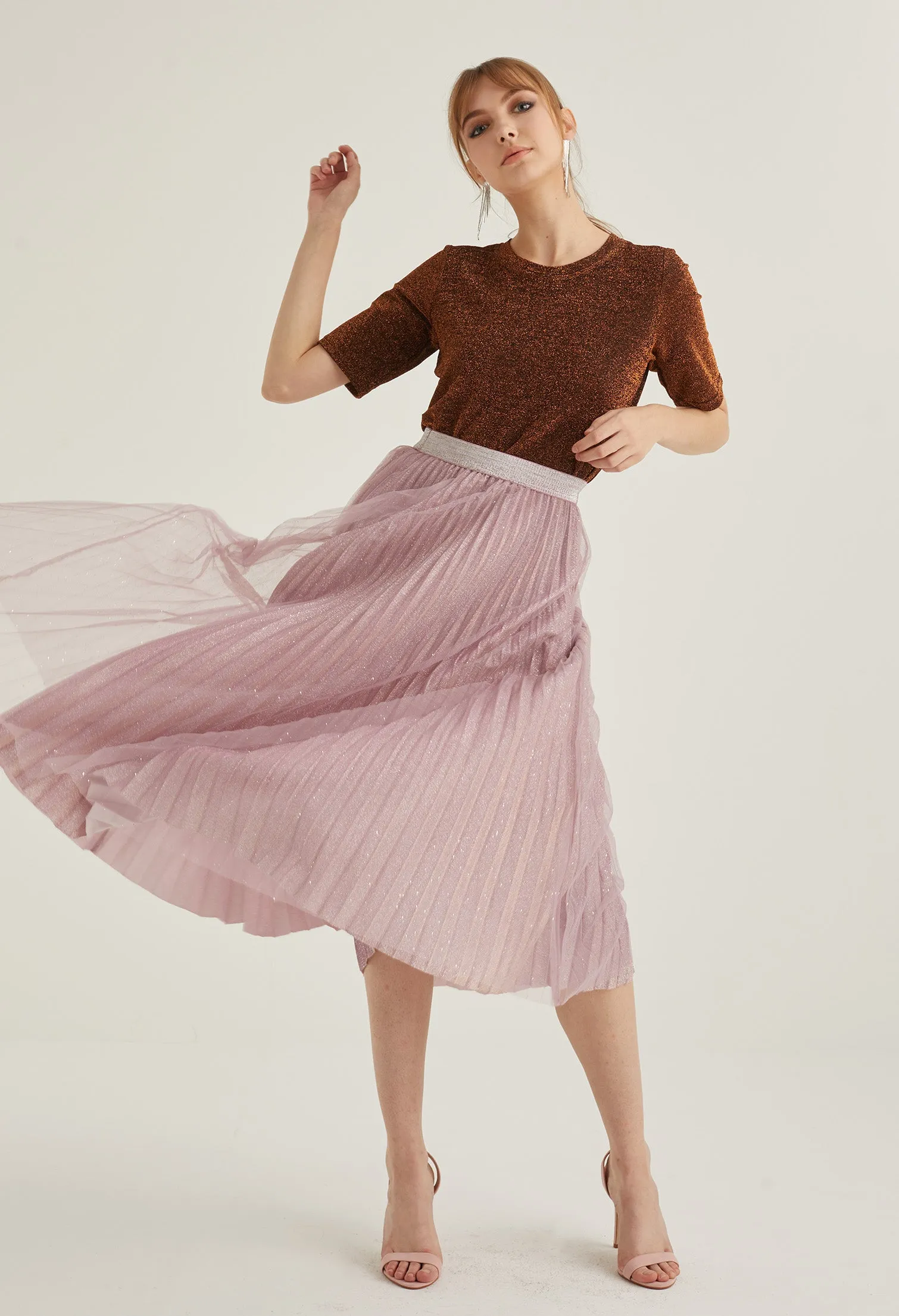 Starlight Glitter Pleated Midi Skirt