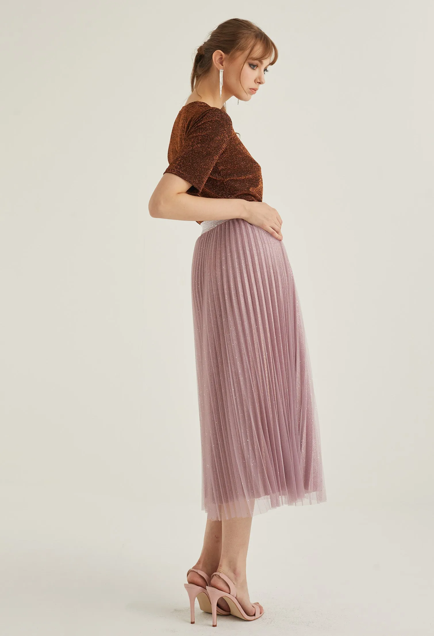 Starlight Glitter Pleated Midi Skirt