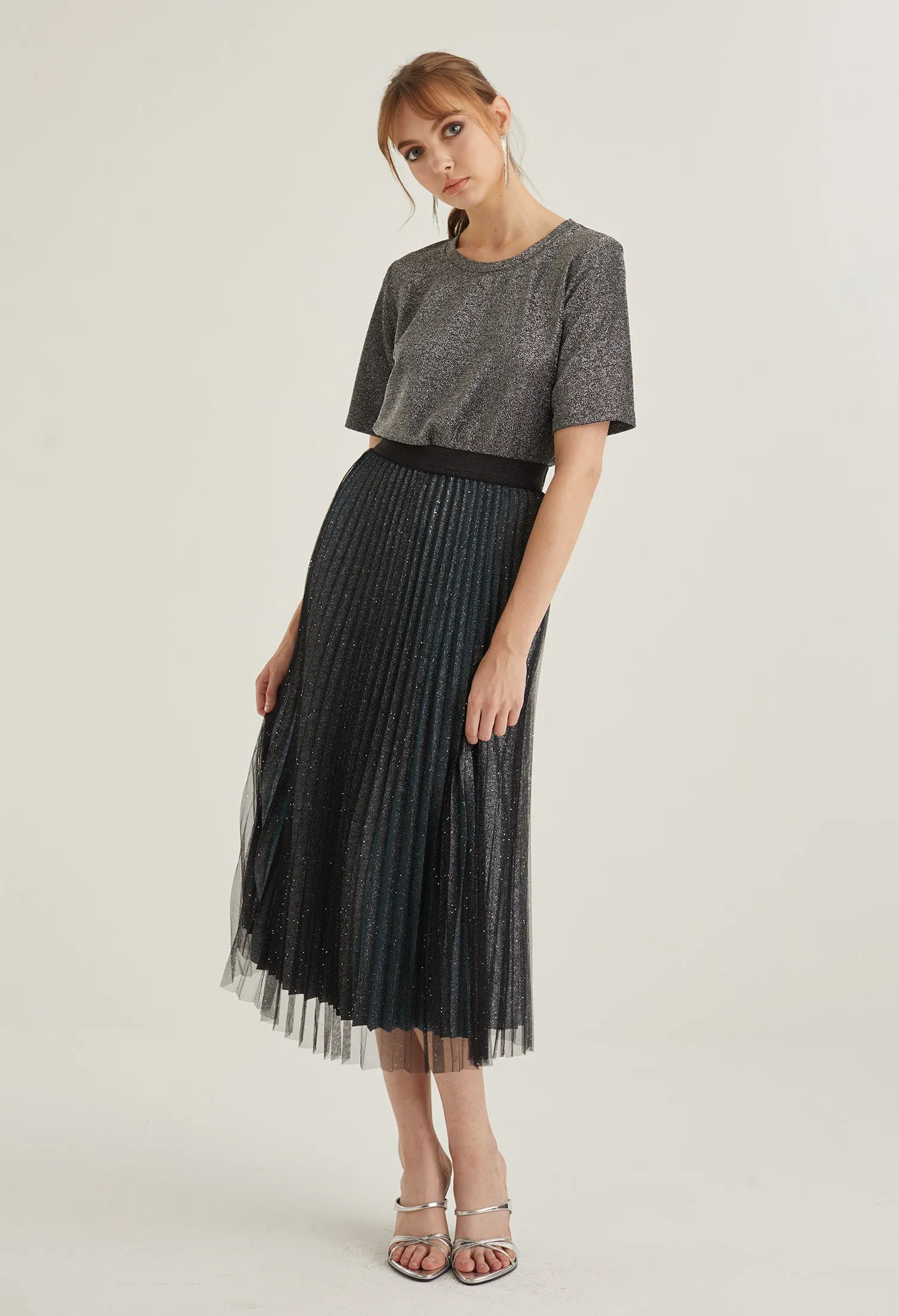 Starlight Glitter Pleated Midi Skirt