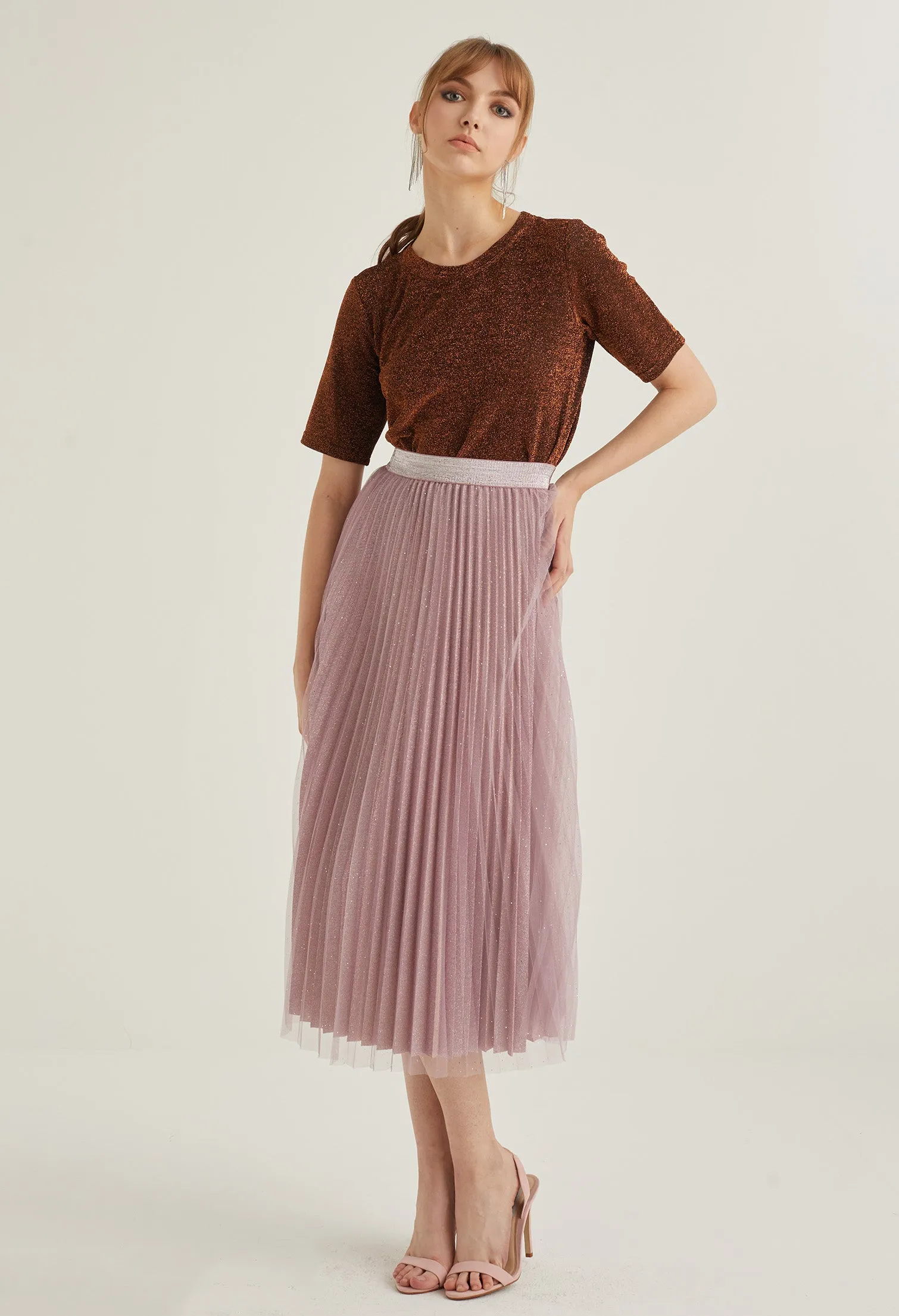 Starlight Glitter Pleated Midi Skirt