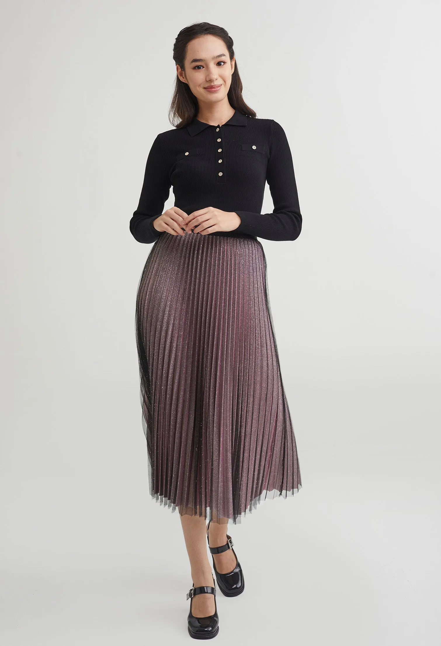 Starlight Glitter Pleated Midi Skirt