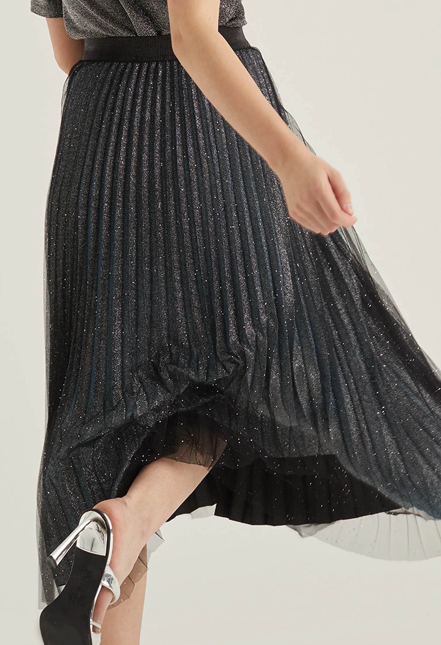 Starlight Glitter Pleated Midi Skirt