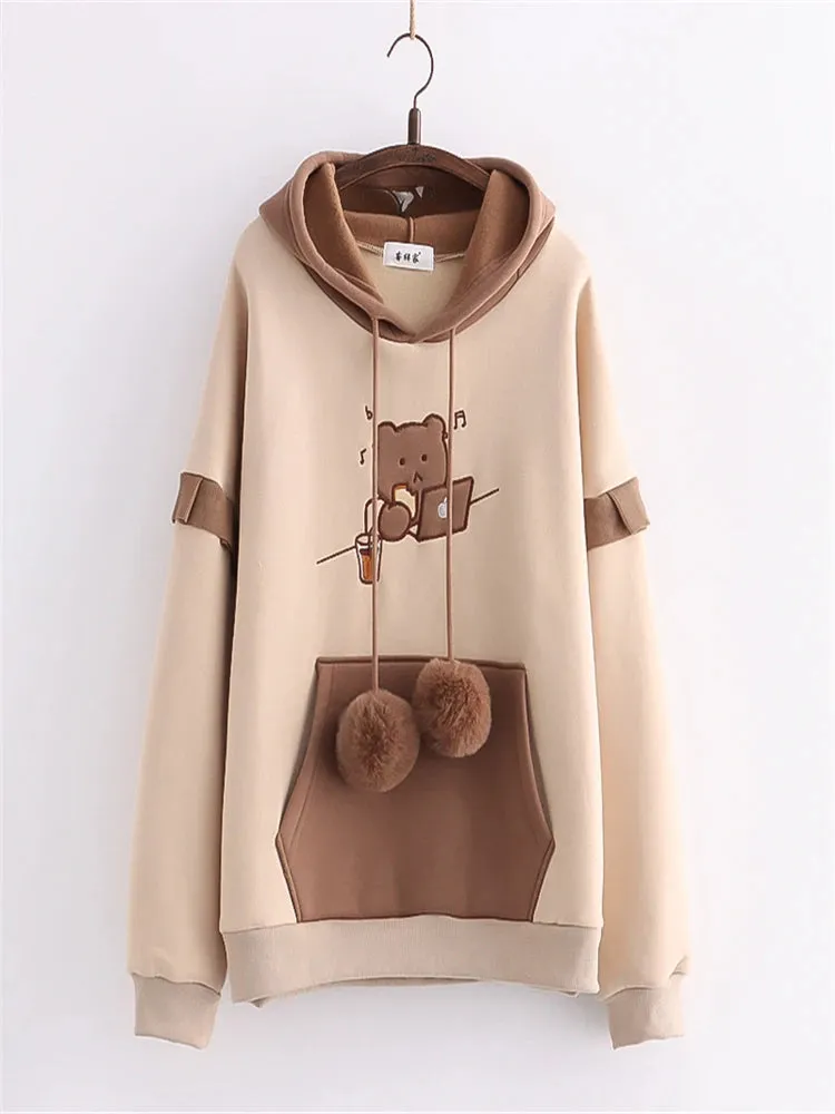 Sweet Style Kawaii Print Graphic Fleece Women Hoodies Winter Harajuku Cute Drawstring Hoody Sweatshirt Female Pullover Top