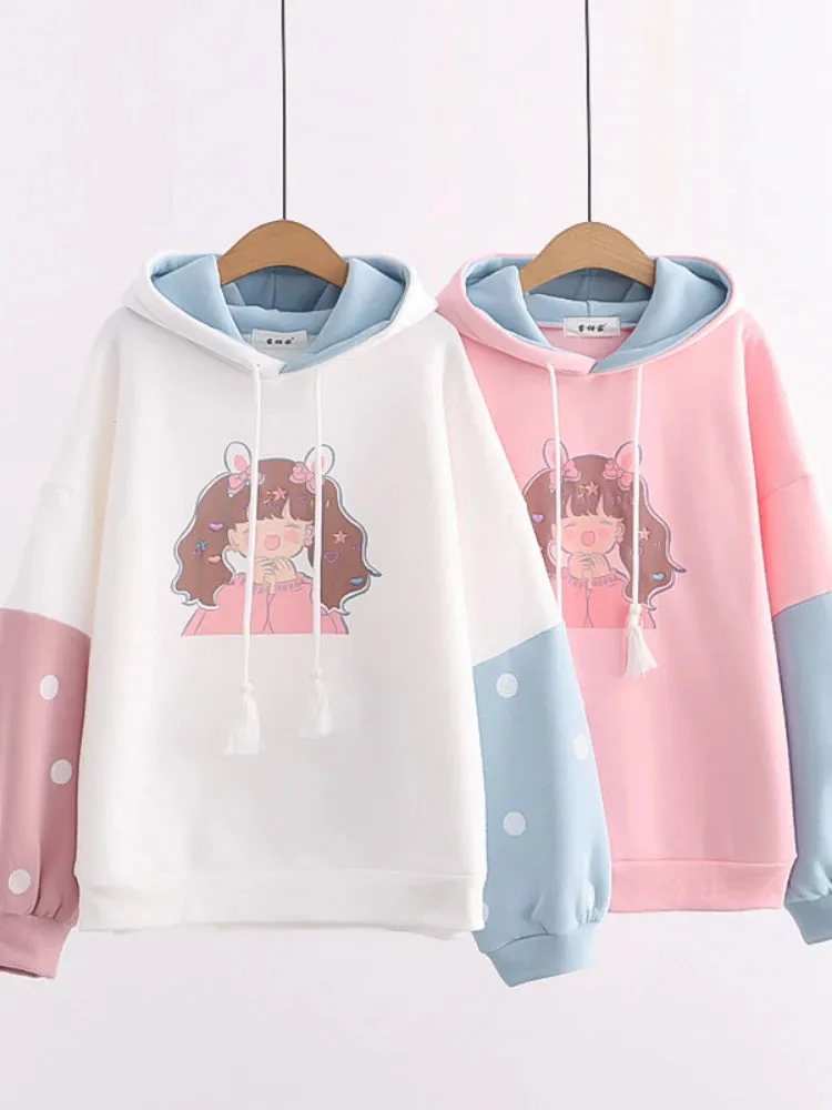 Sweet Style Kawaii Print Graphic Fleece Women Hoodies Winter Harajuku Cute Drawstring Hoody Sweatshirt Female Pullover Top