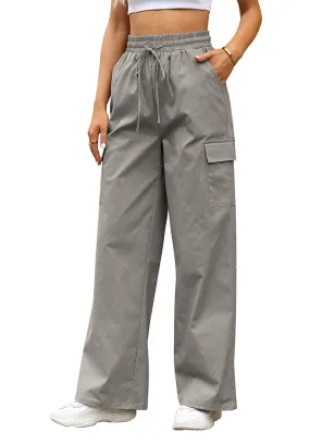 Taupe Gray Women's Brief Elastic Waist Wide Leg Cargo Pants Stretch Loose Pants Y2K