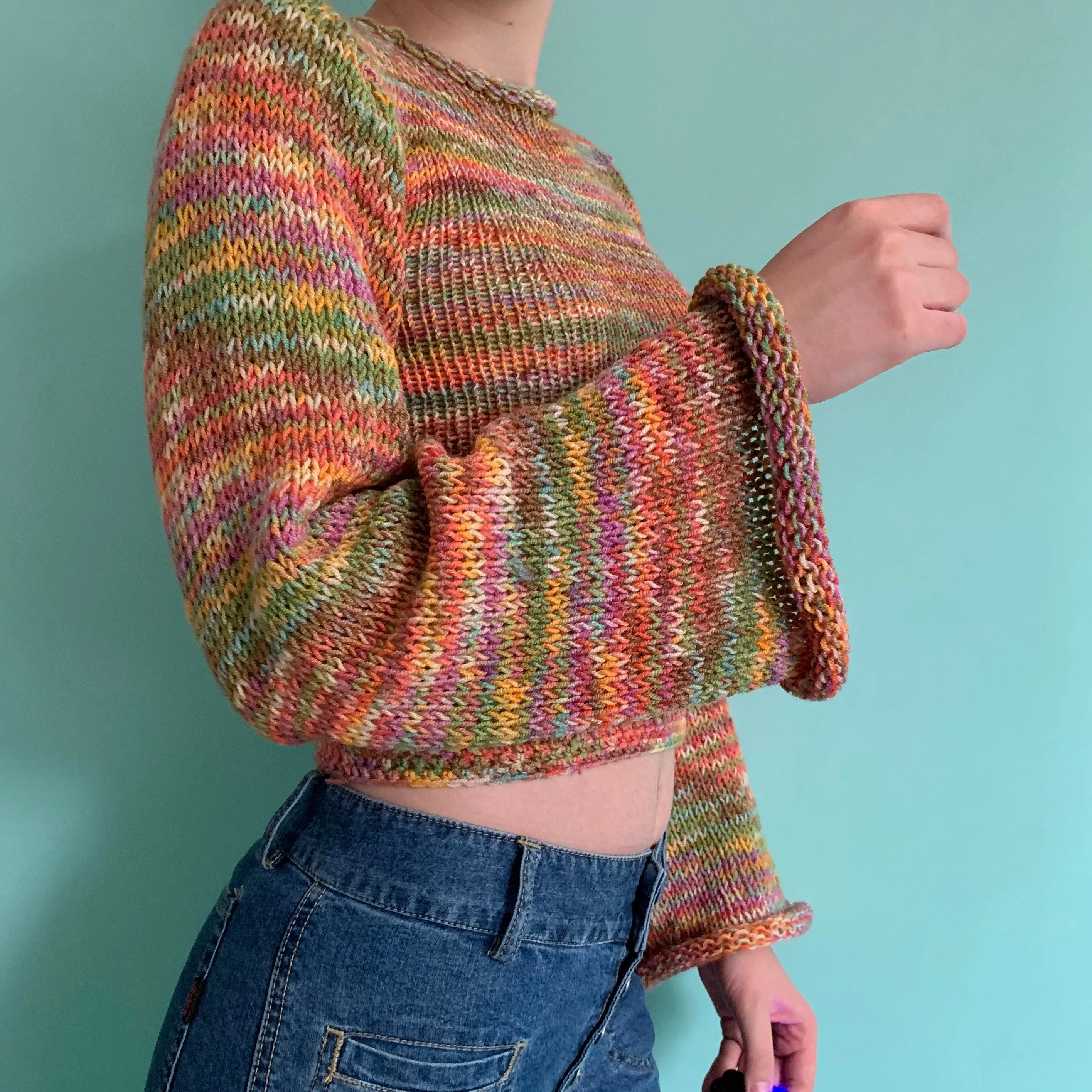 The Burnt Rainbow Shades Sweater - handmade knitted flared sleeve jumper