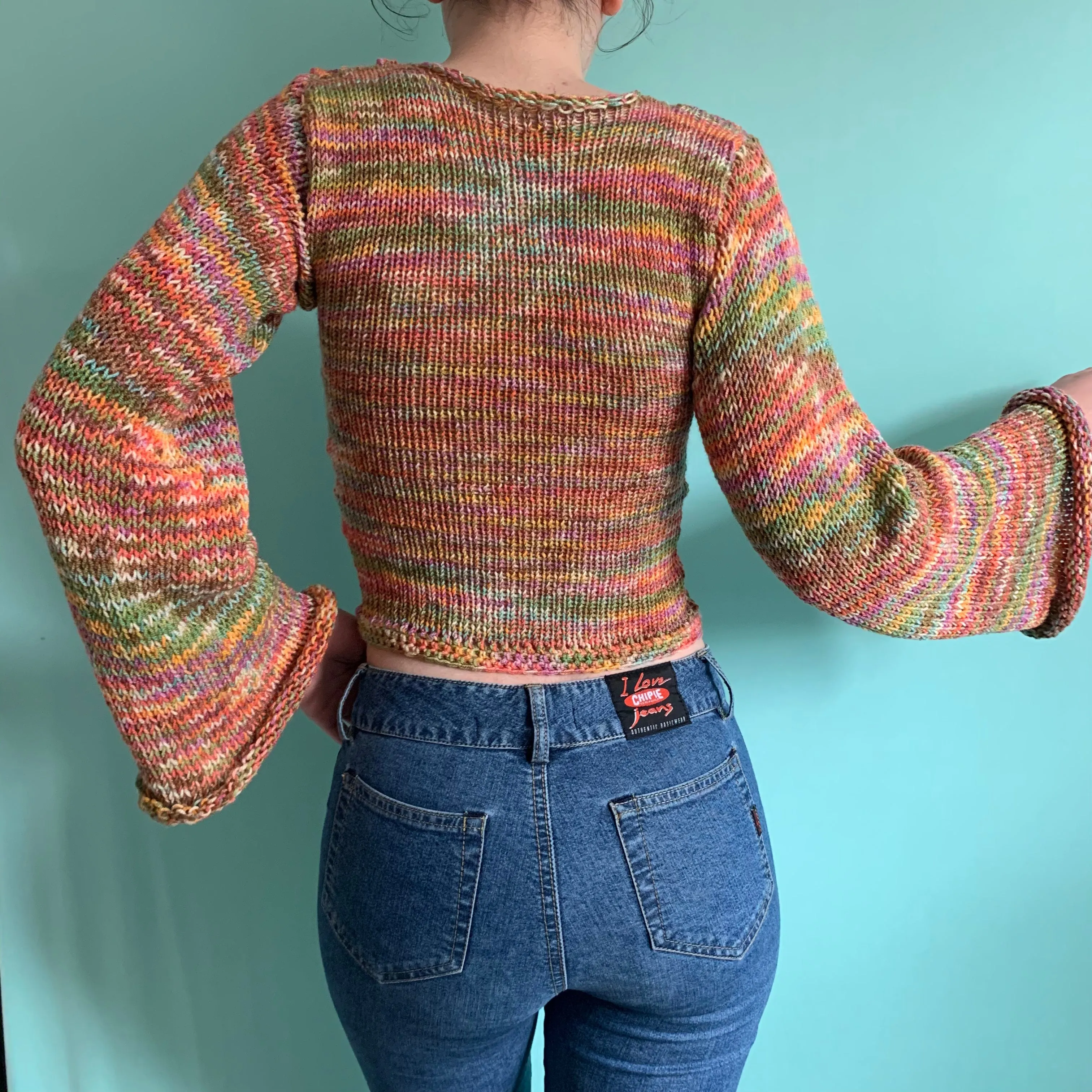 The Burnt Rainbow Shades Sweater - handmade knitted flared sleeve jumper