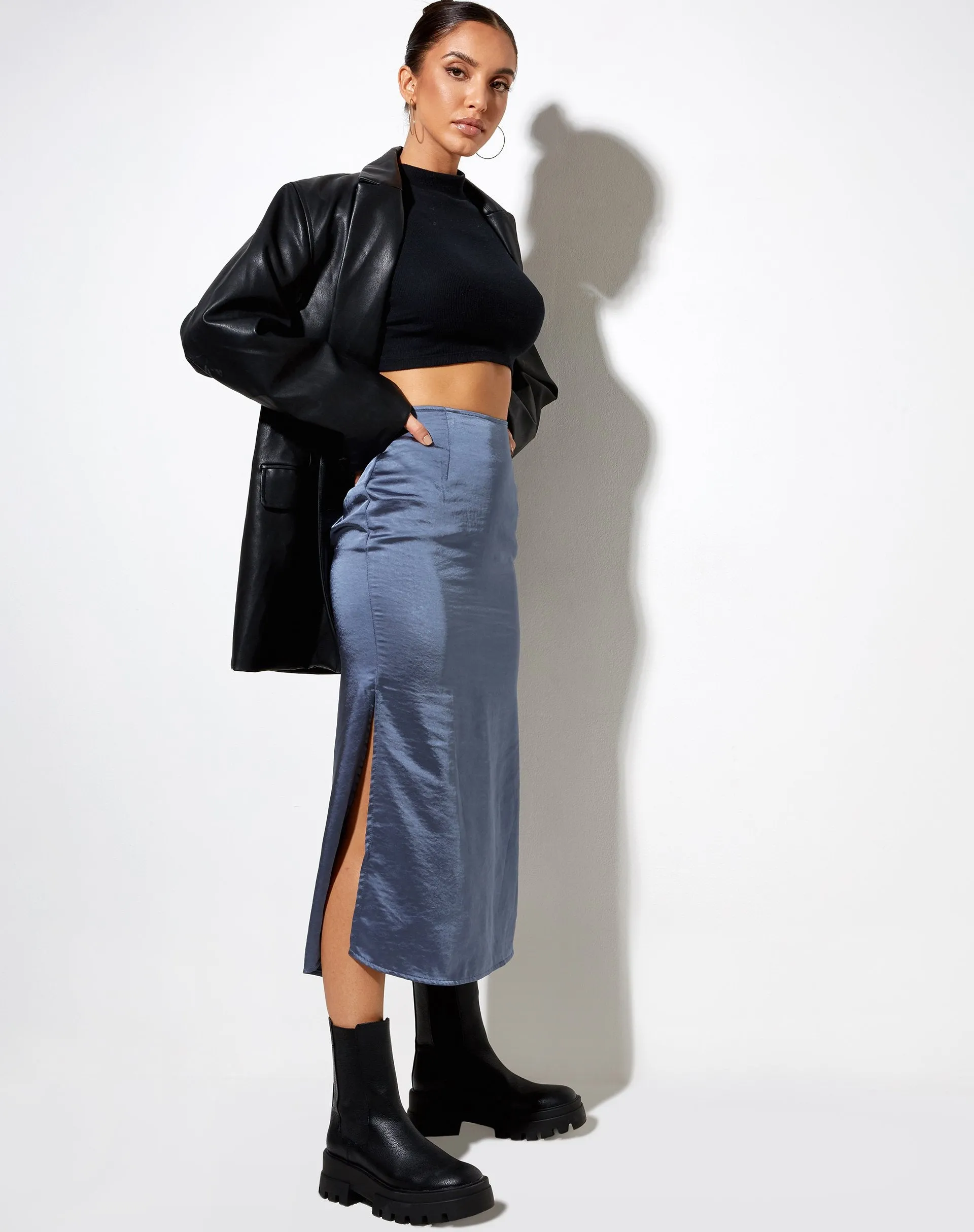 Tindra Midi Skirt in Satin Slate Blue