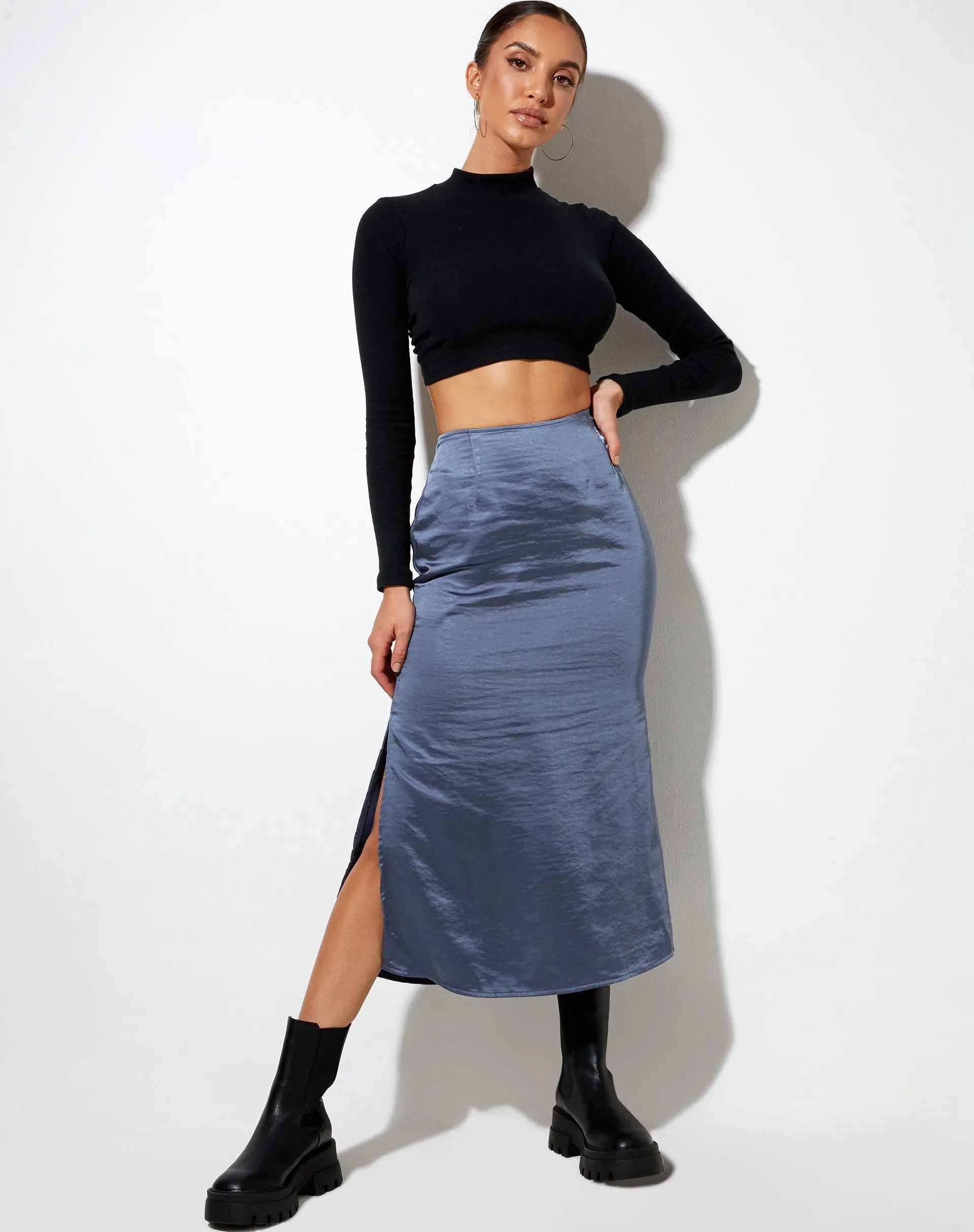 Tindra Midi Skirt in Satin Slate Blue