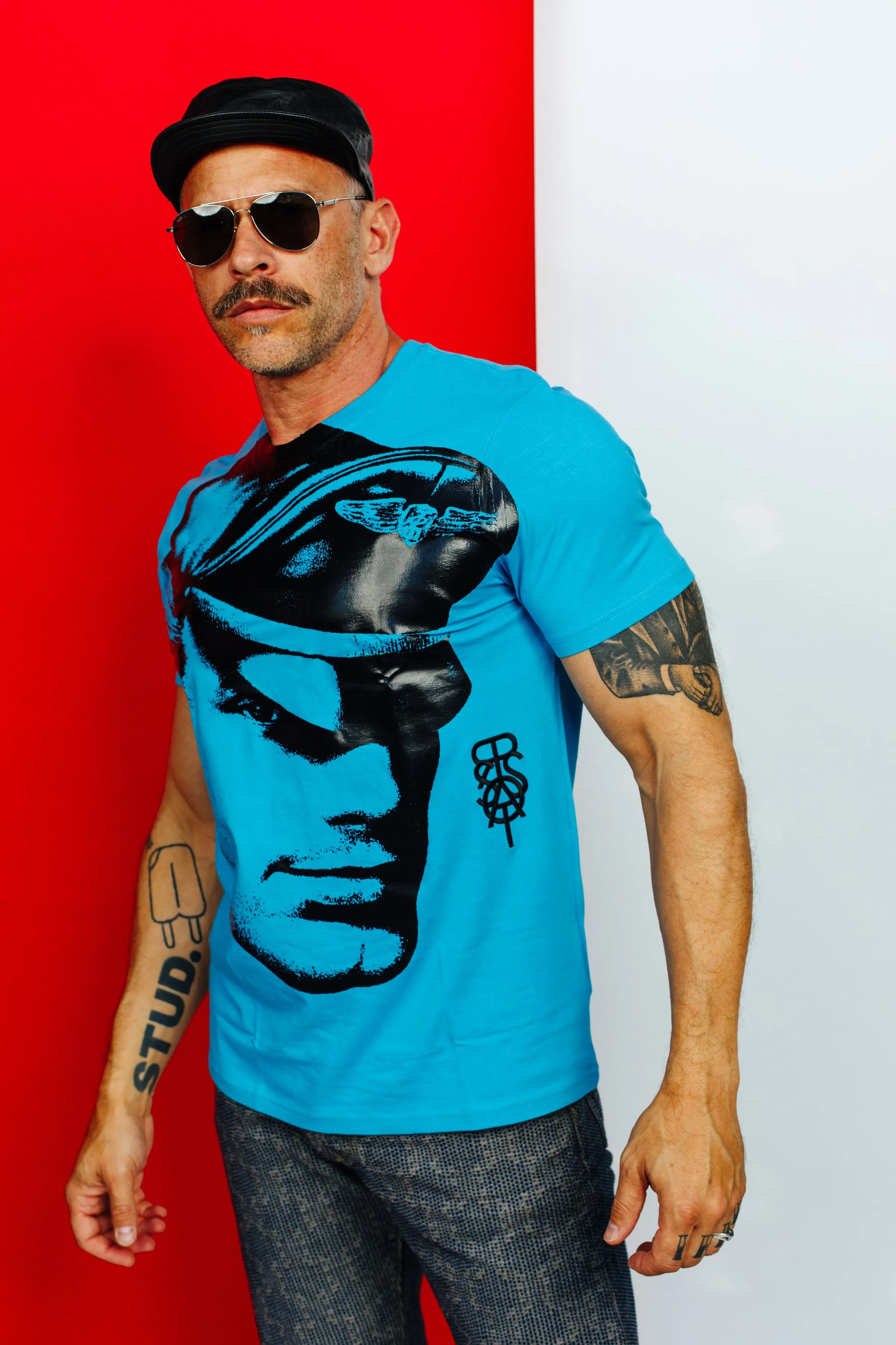 TOM OF FINLAND x WE ARE SPASTOR BIKER HEAD TEE - SEA BLUE