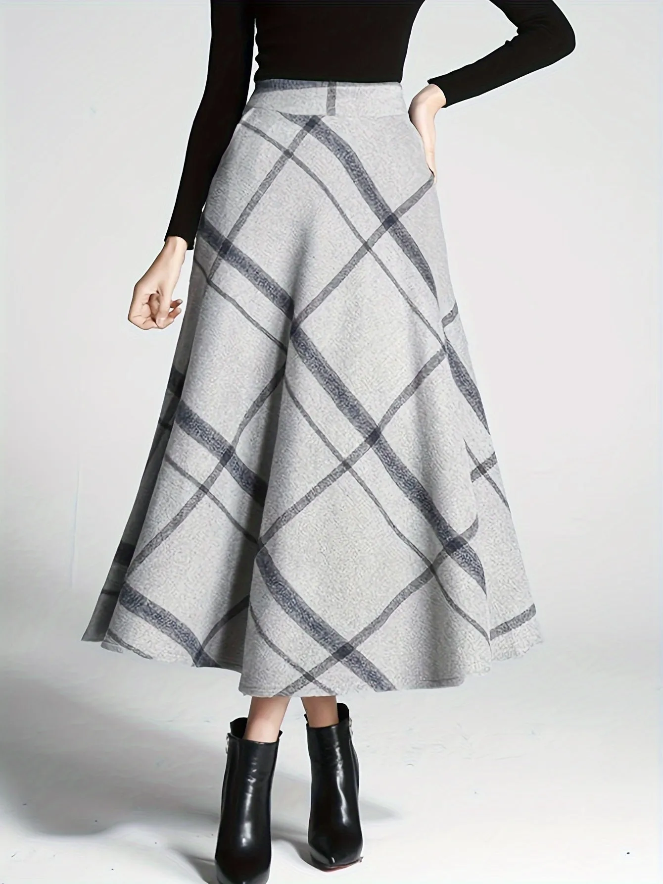 Vibrant Plaid High-Waisted Flared Midi Skirt - Elegant A-Line Silhouette, Comfortable Fall and Winter Essential, Women's Chic Clothing for Everyday Wear - Perfect for Office, Party, and Casual Occasions