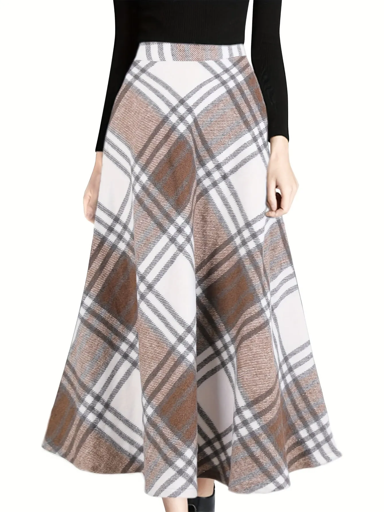 Vibrant Plaid High-Waisted Flared Midi Skirt - Elegant A-Line Silhouette, Comfortable Fall and Winter Essential, Women's Chic Clothing for Everyday Wear - Perfect for Office, Party, and Casual Occasions