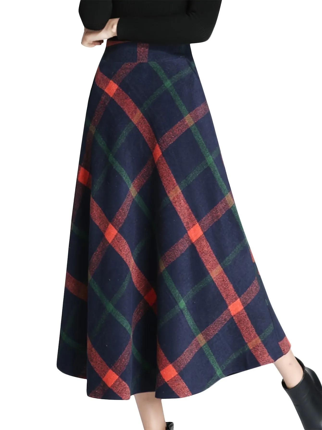 Vibrant Plaid High-Waisted Flared Midi Skirt - Elegant A-Line Silhouette, Comfortable Fall and Winter Essential, Women's Chic Clothing for Everyday Wear - Perfect for Office, Party, and Casual Occasions