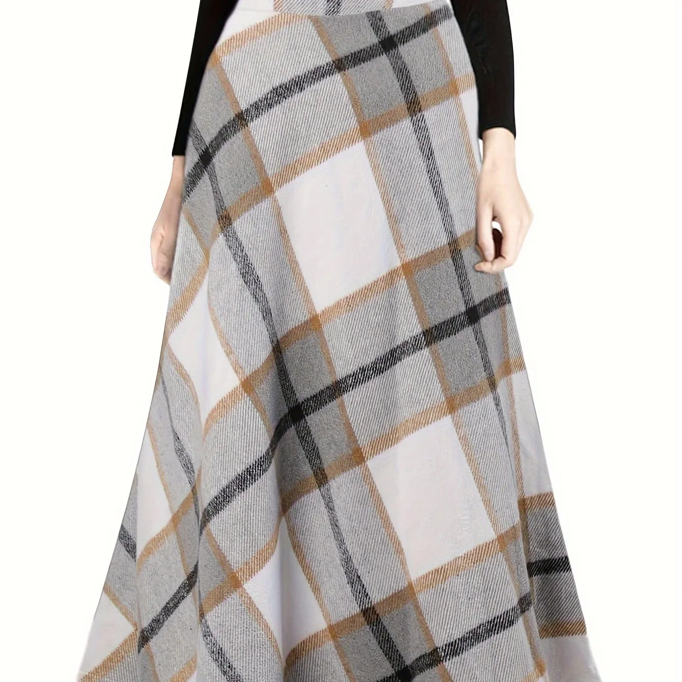 Vibrant Plaid High-Waisted Flared Midi Skirt - Elegant A-Line Silhouette, Comfortable Fall and Winter Essential, Women's Chic Clothing for Everyday Wear - Perfect for Office, Party, and Casual Occasions