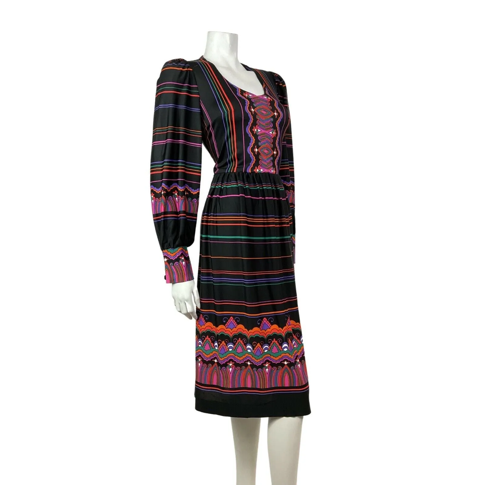 VINTAGE 60s 70s BLACK PINK GREEN ORANGE PSYCHEDELIC STRIPED BOHO MIDI DRESS 8