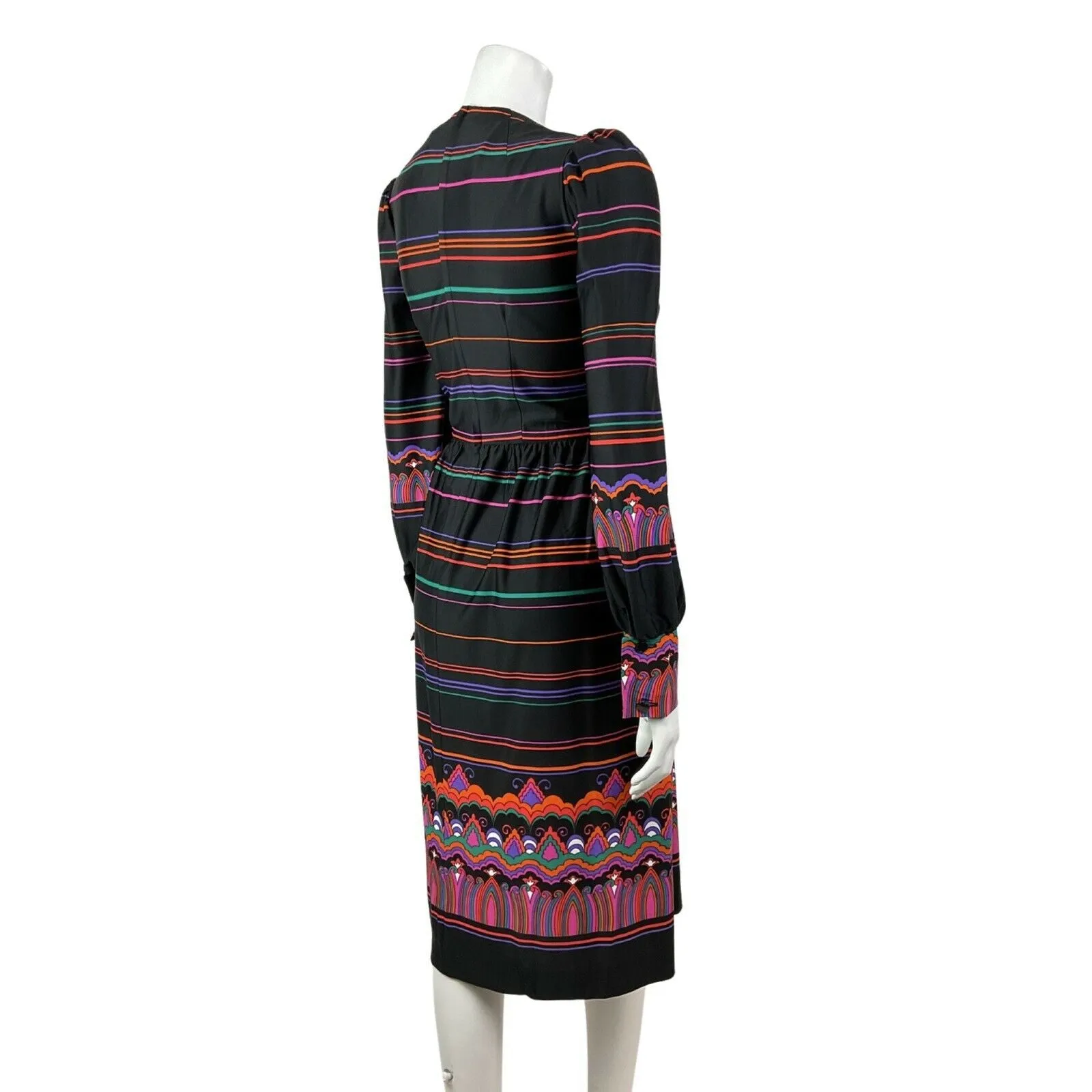 VINTAGE 60s 70s BLACK PINK GREEN ORANGE PSYCHEDELIC STRIPED BOHO MIDI DRESS 8