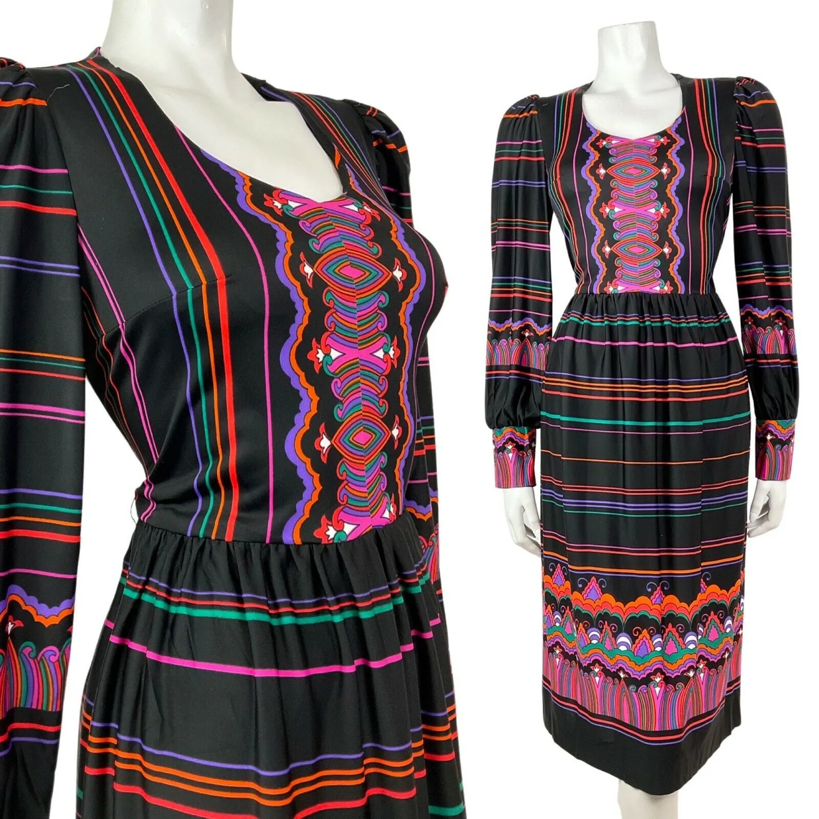 VINTAGE 60s 70s BLACK PINK GREEN ORANGE PSYCHEDELIC STRIPED BOHO MIDI DRESS 8