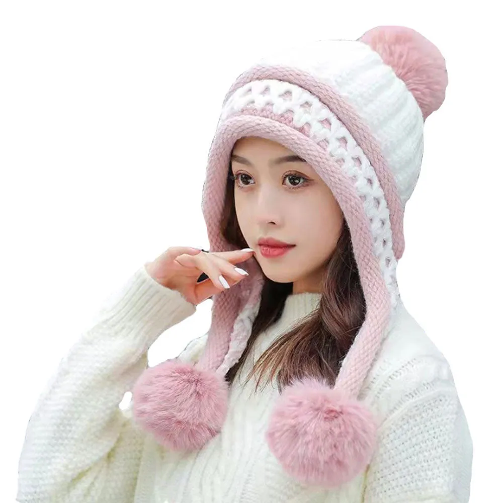 Warm Wnter Knit Hat Ear Flaps for Women - Pom Pom Ski Hat Thick Cable YZ70240